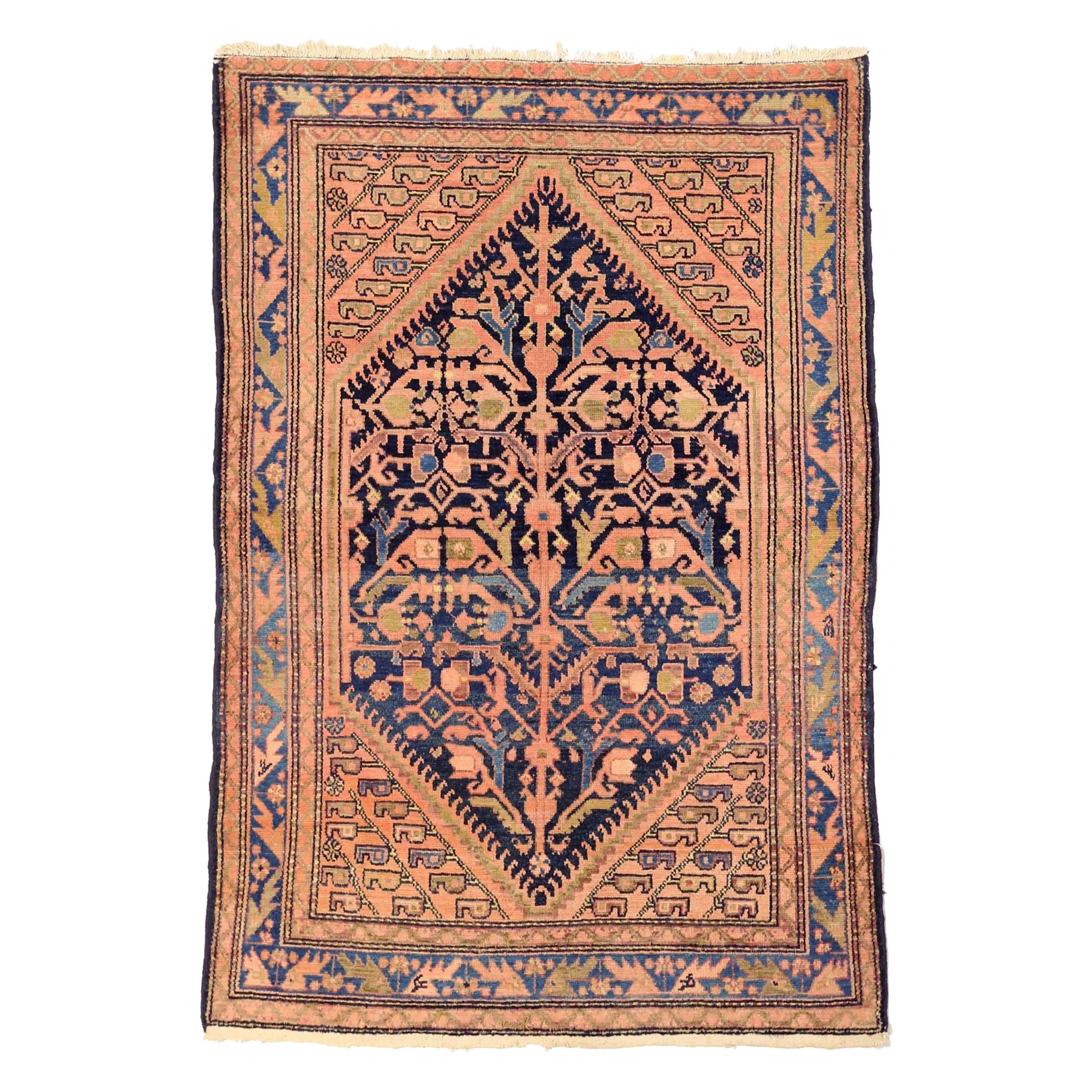 Persian Malayer Small Rug - Wool Blue Green Pink Design - 75397 For Sale