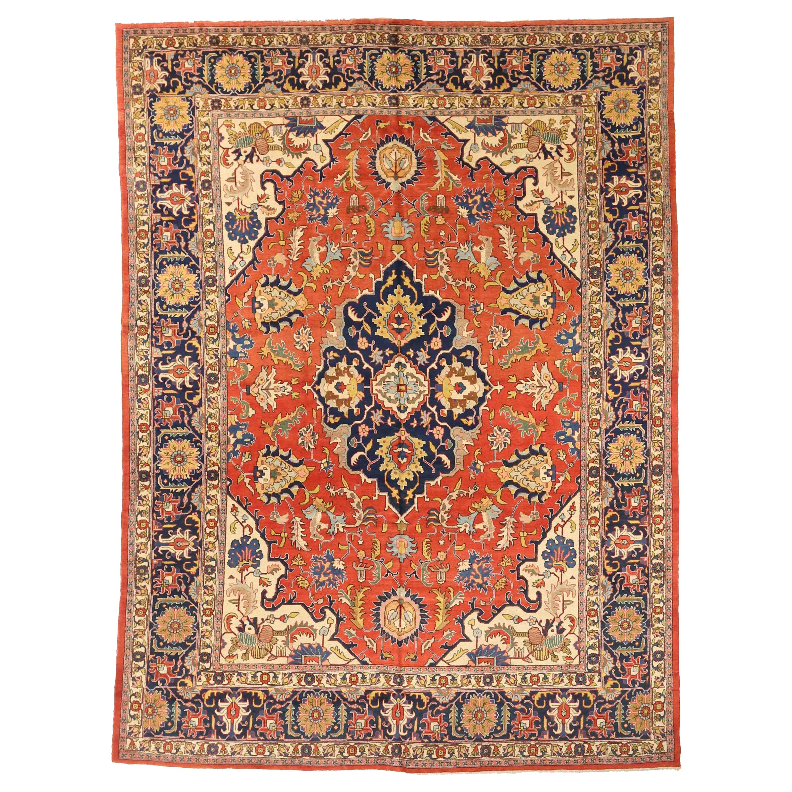 Alfombras Persas Tabriz Circa 1880 - Lana Marfil Azul Marino Diseño Rojo - 75400
