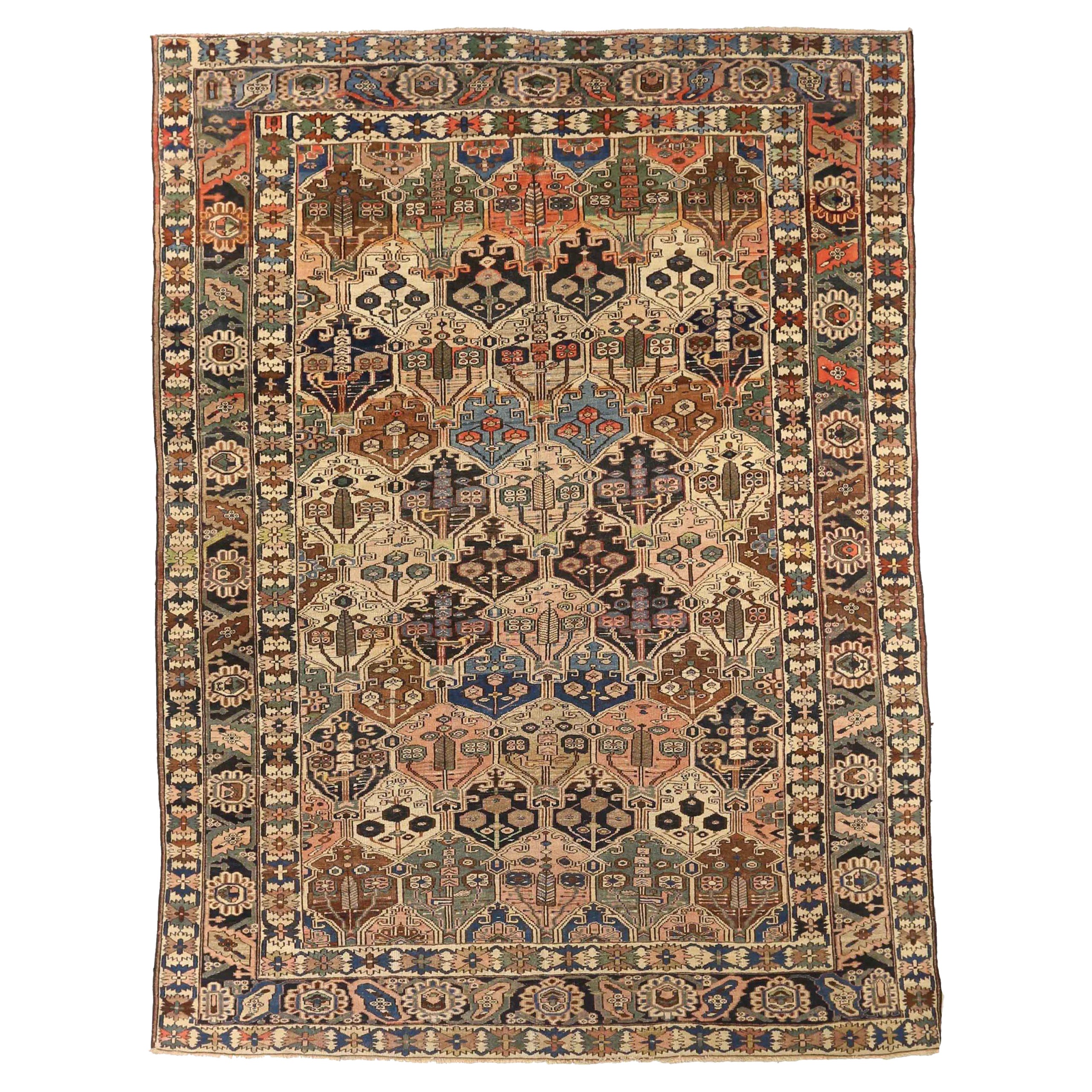 Tapis Persan Bakhtiari Circa 1880 - Laine Vert Ivoire Bleu Marine - 75367