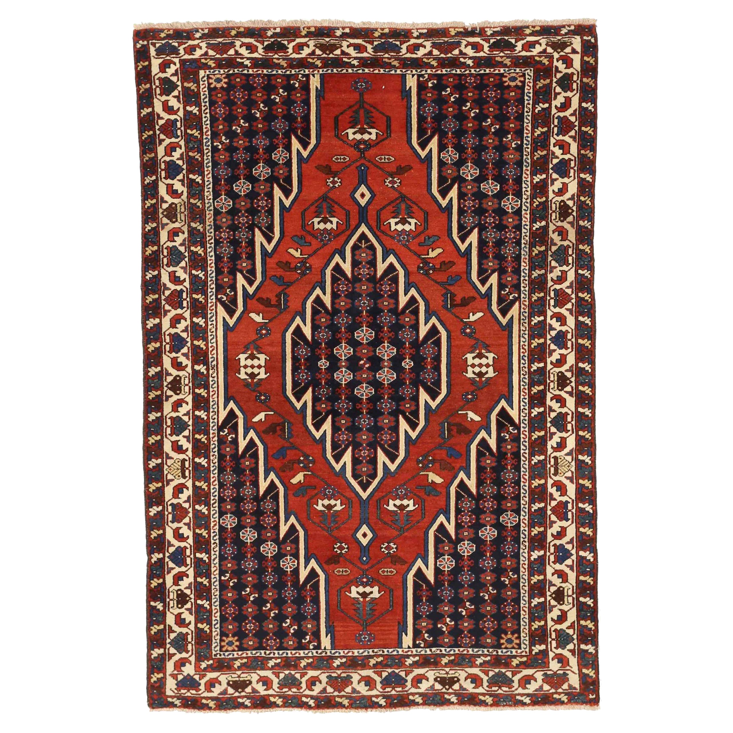 Tappeto persiano Hamadan Small Design 1910 - Lana Avorio Blu Navy Rosso - 75428
