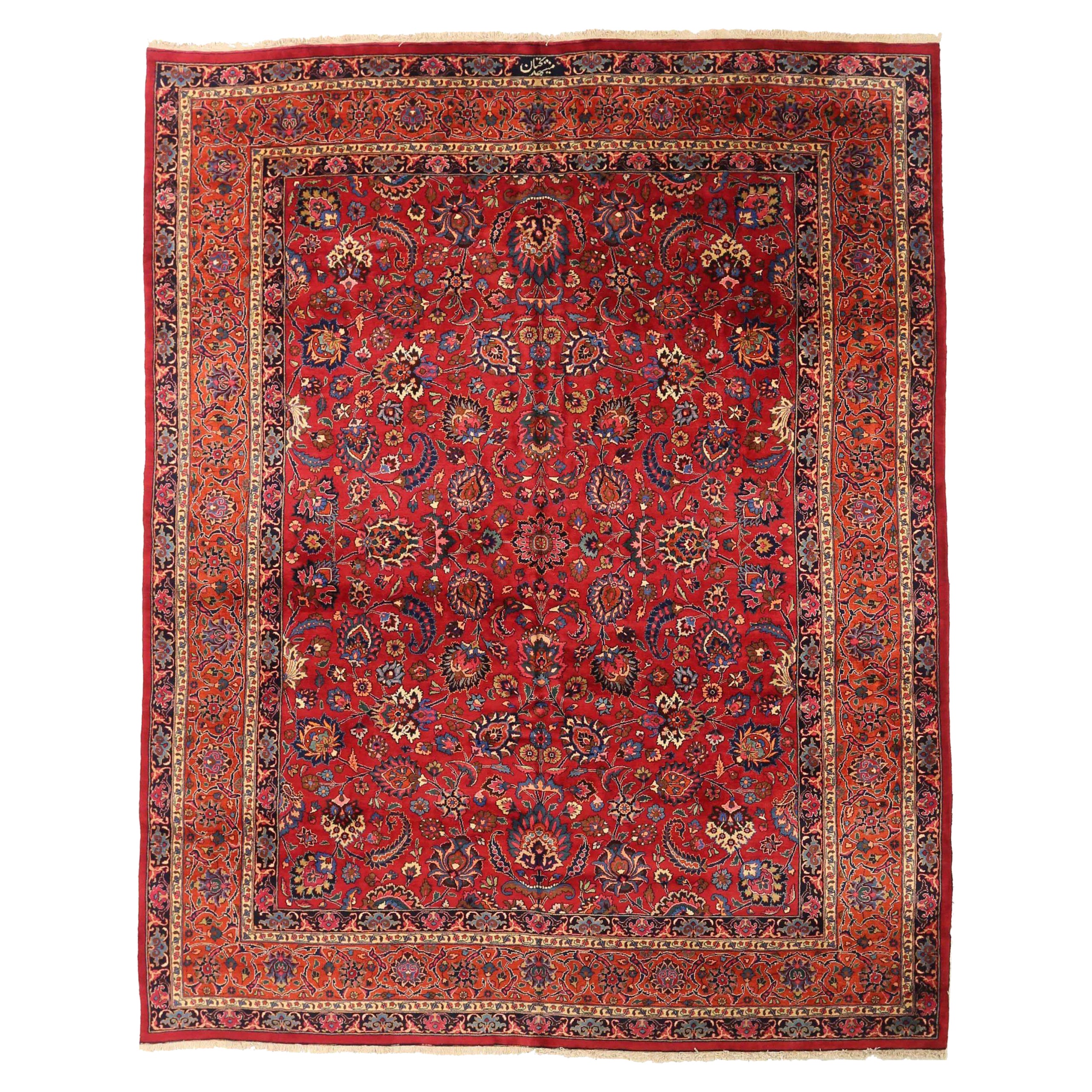 Alfombras Persas Mashad Circa 1910 - Lana Azul Marino Diseño Rojo - 75370