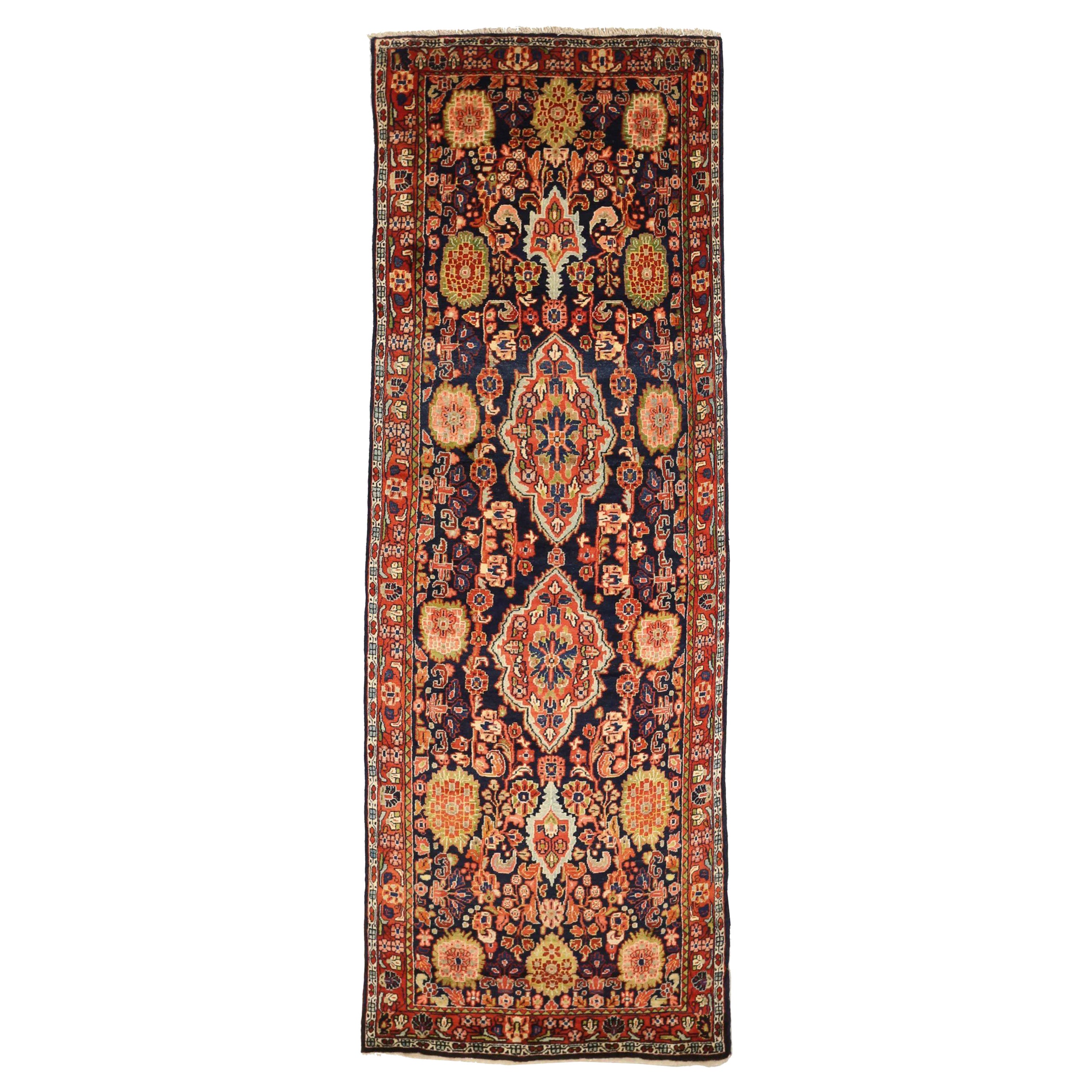 Persischer Mahal-Läufer aus Wolle - Grün, Marineblau, Blau und Rot, Design - 75429