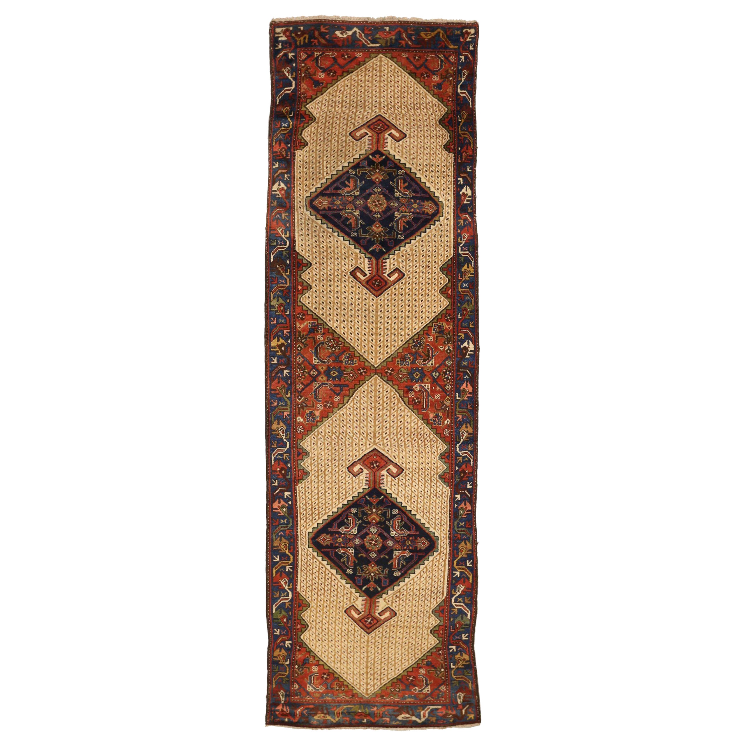 Persian Malayer Runner Rug - Wool Ivory Navy Blue Red Design - 75372 For Sale