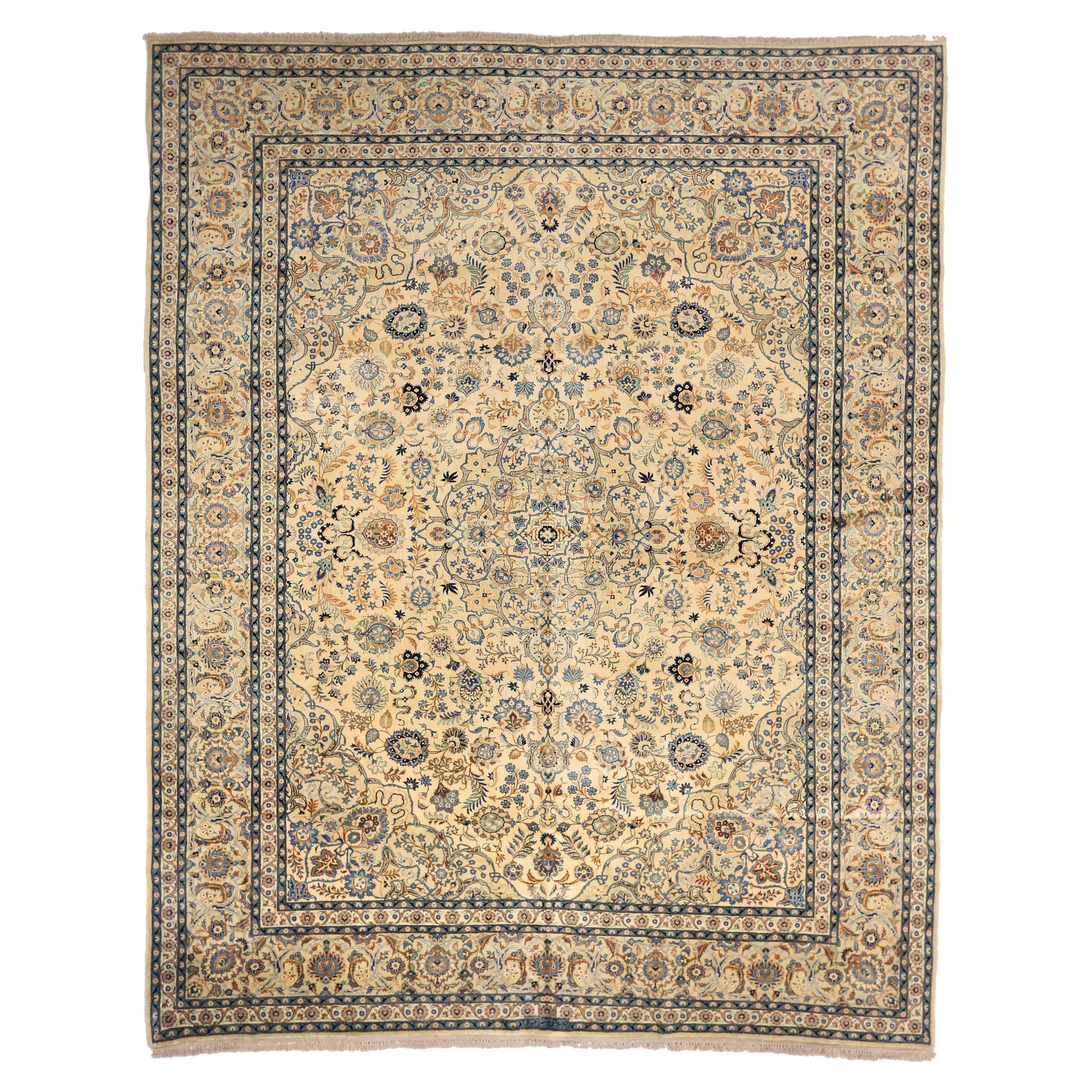 Tapis persans de Kashan datant d'environ 1910, motif en laine bleu ivoire - 75431