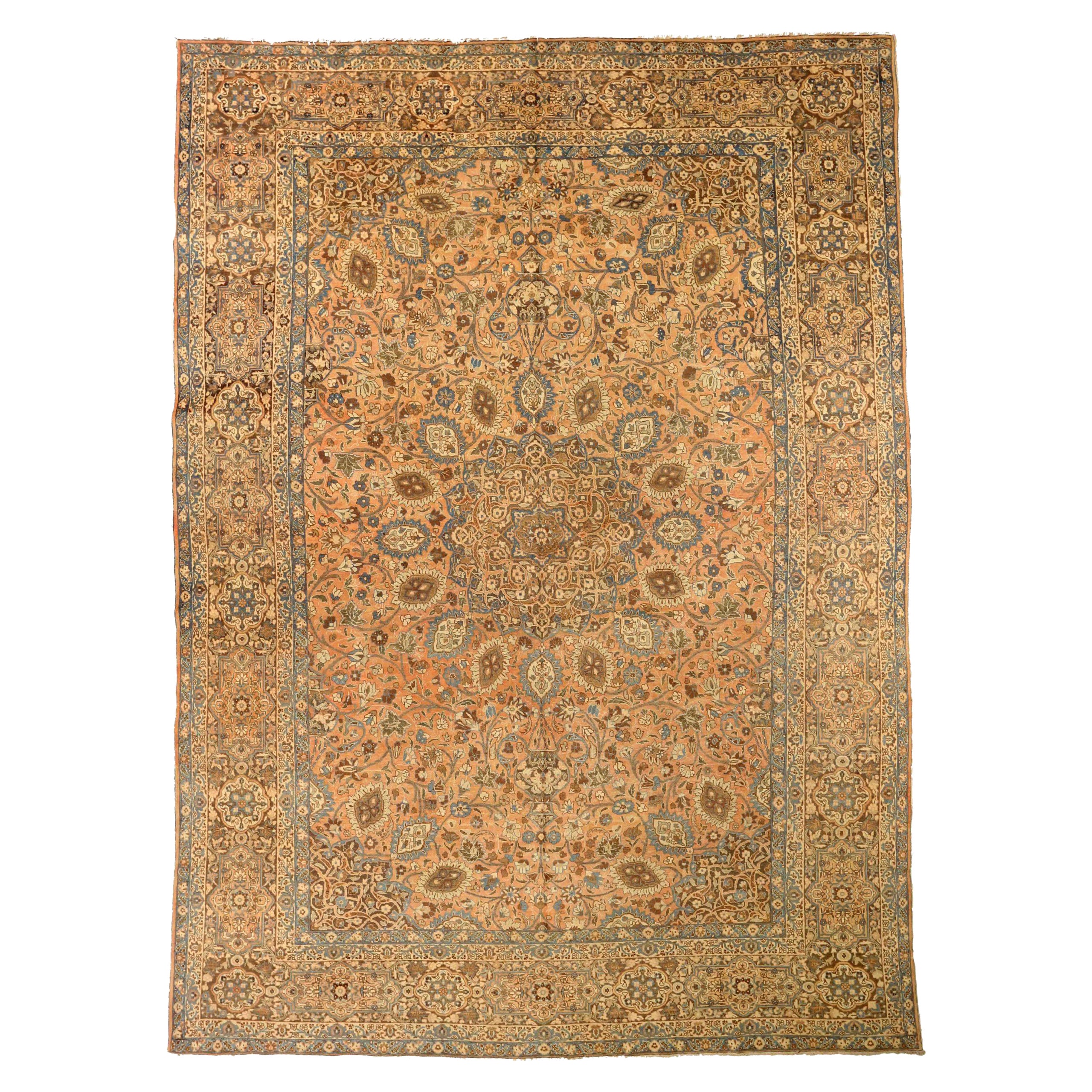 Persische Täbris-Teppiche um 1880 - Wolle Blau Elfenbein Rosa Design - 75432