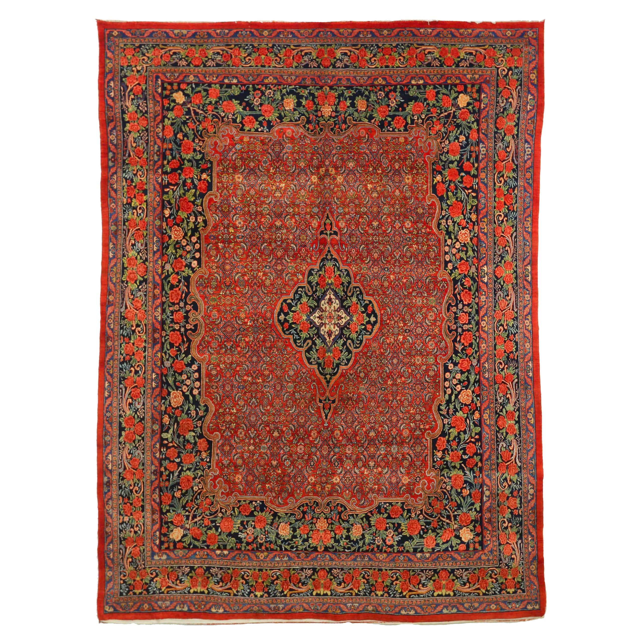 Tapis persan Bijar Circa 1880 - Laine Green Navy Blue Red Design - 75440