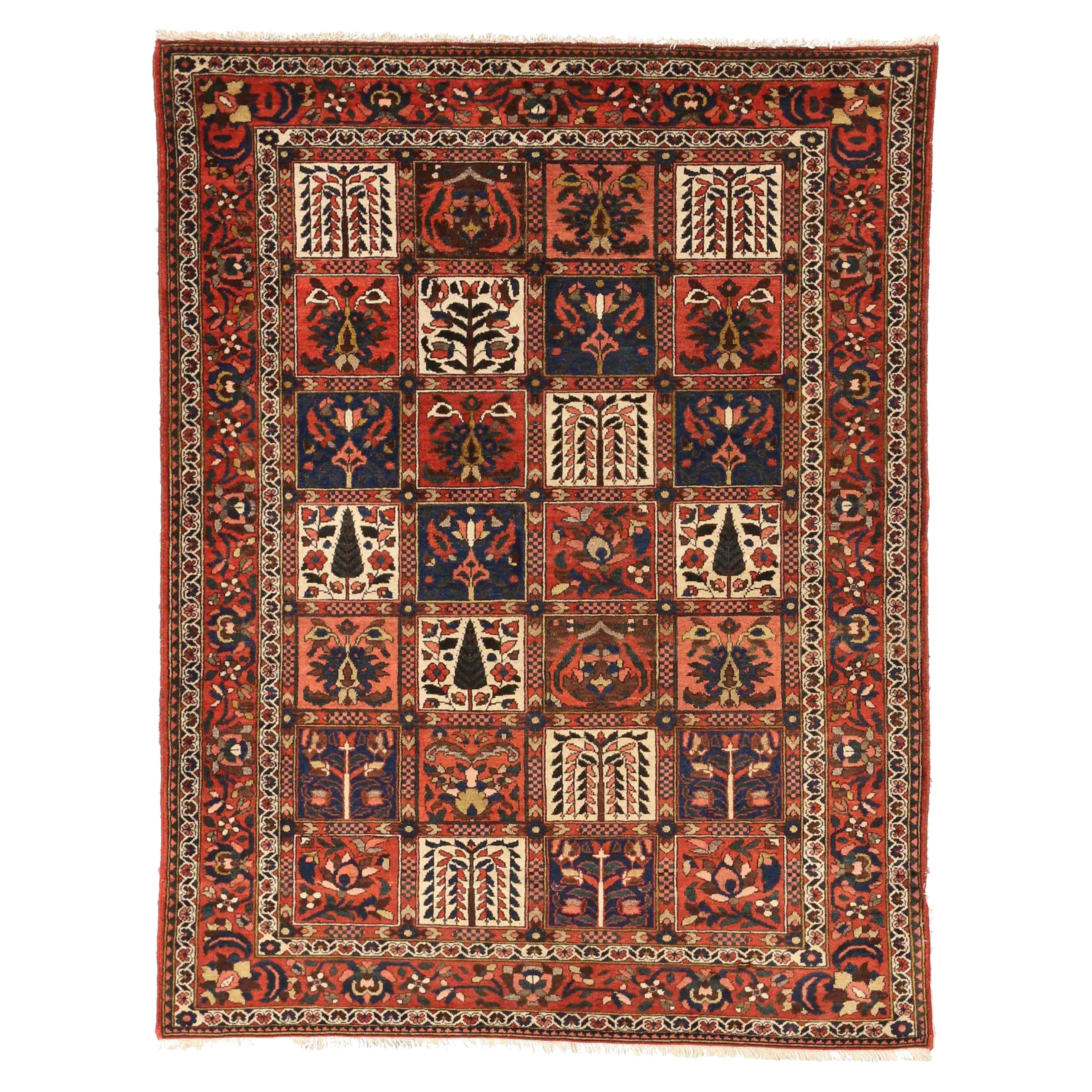 Petit tapis persan Bakhtiari vers 1910 - Laine ivoire bleu marine bleu rouge motif rouge - 75441