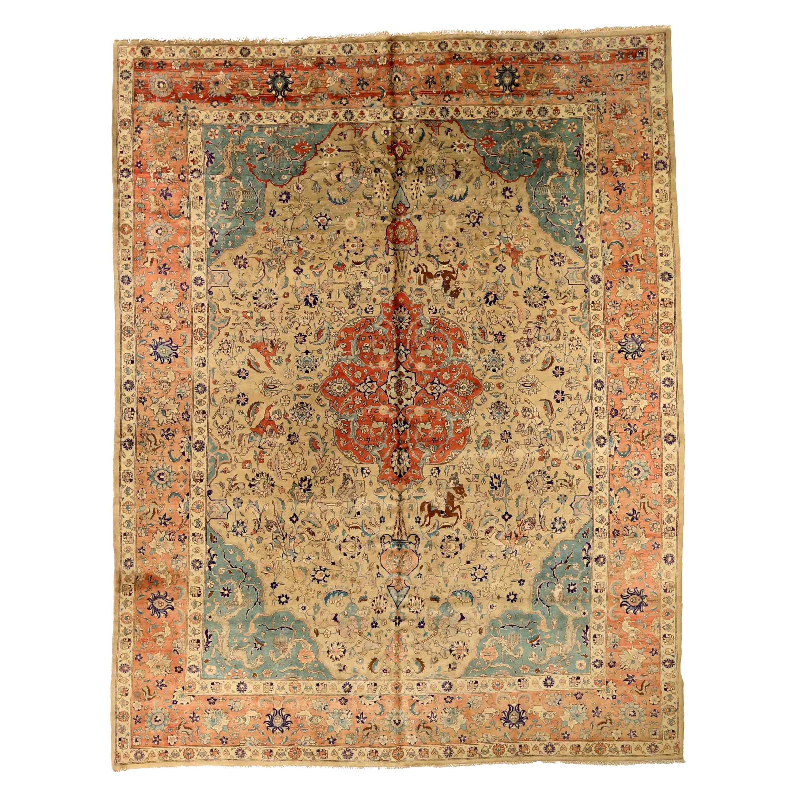 Persische Täbris-Teppiche um 1880 - Wolle Blau Elfenbein Rosa Rot Design - 75409