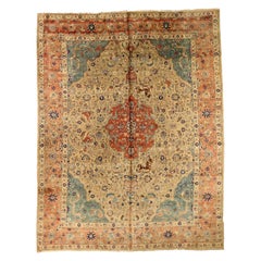 Persische Täbris-Teppiche um 1880 - Wolle Blau Elfenbein Rosa Rot Design - 75409