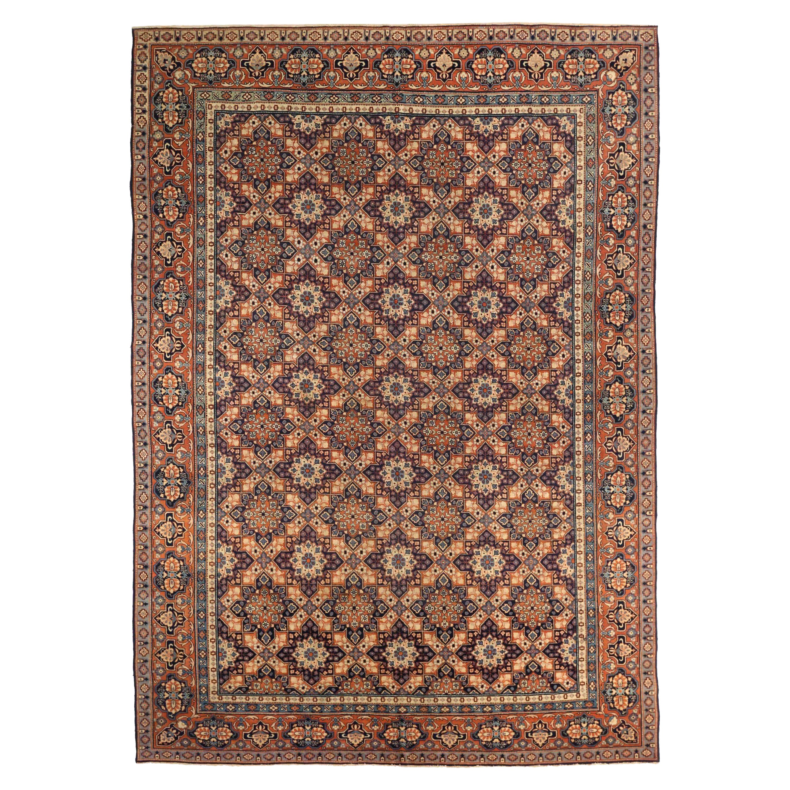 Tapis persans de Tabriz datant d'environ 1940 - Laine ivoire bleu marine bleu rose motif - 75444