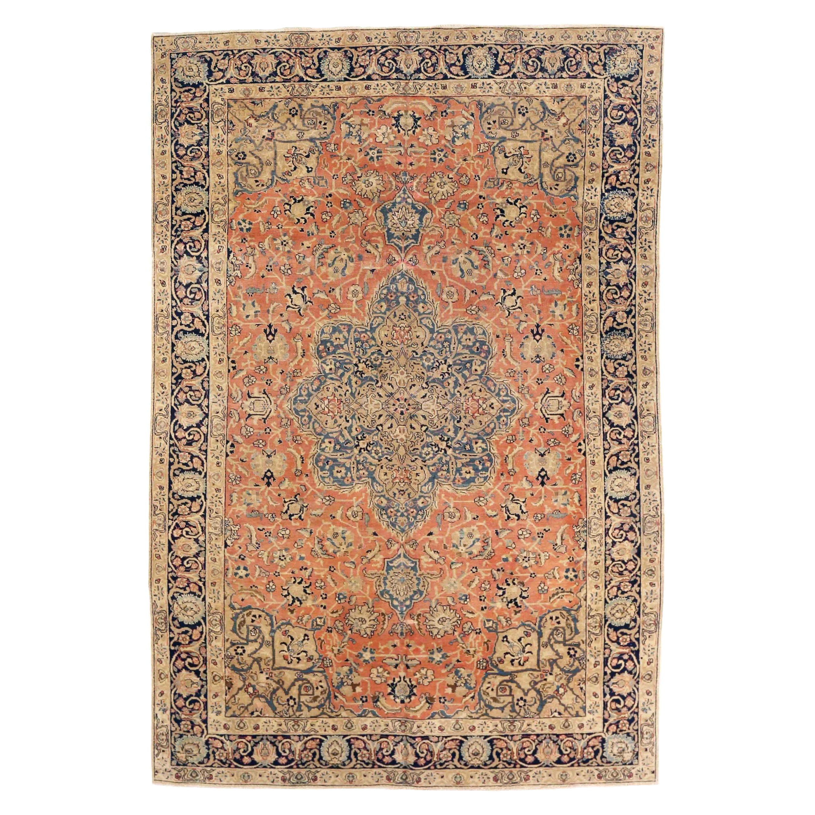 Persische Täbris-Teppiche um 1910 - Wolle Blau Elfenbein Marineblau Rosa - 75410