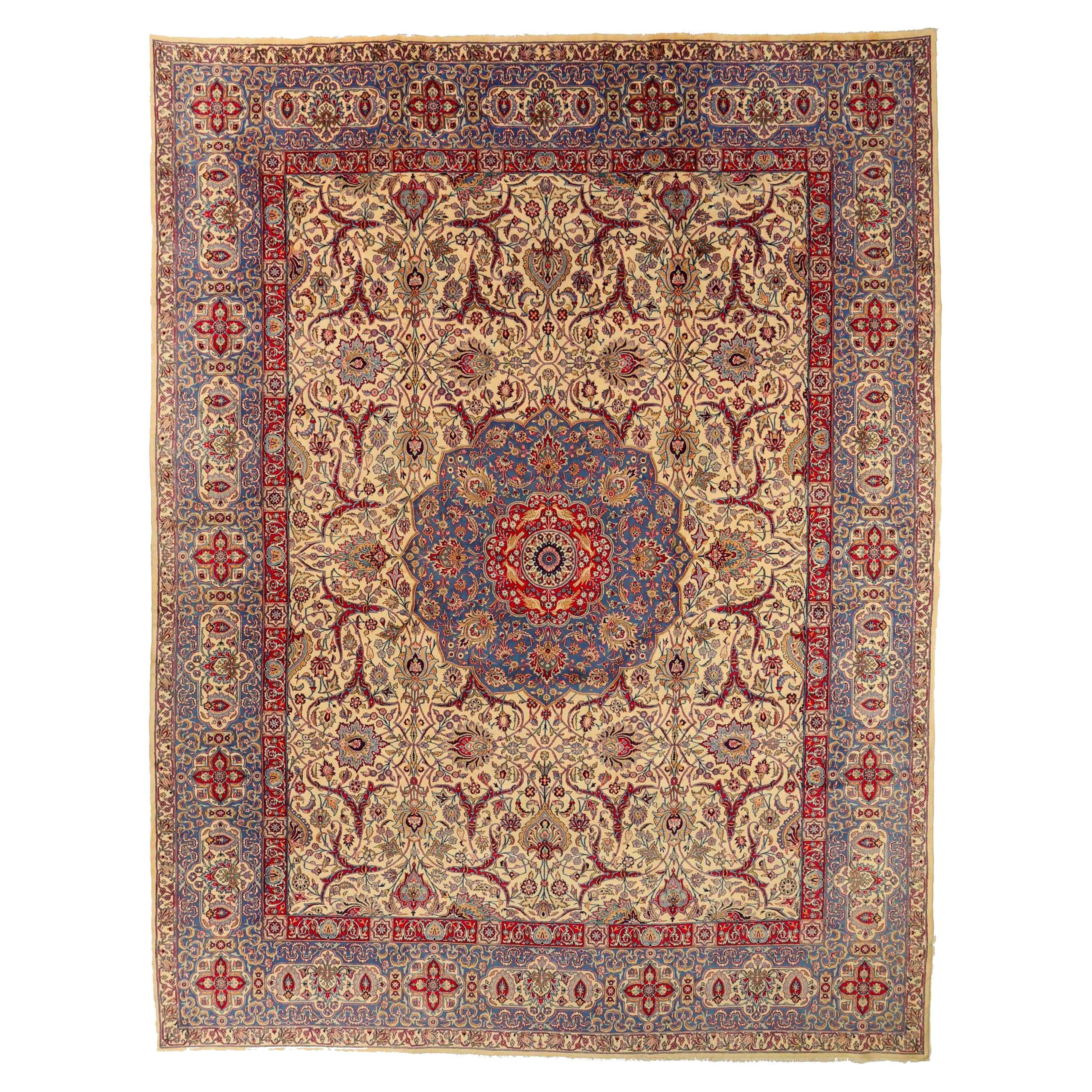 Tappeto persiano Kerman di dimensioni maggiori del 1910 - Disegno in lana blu avorio rosso - 75417