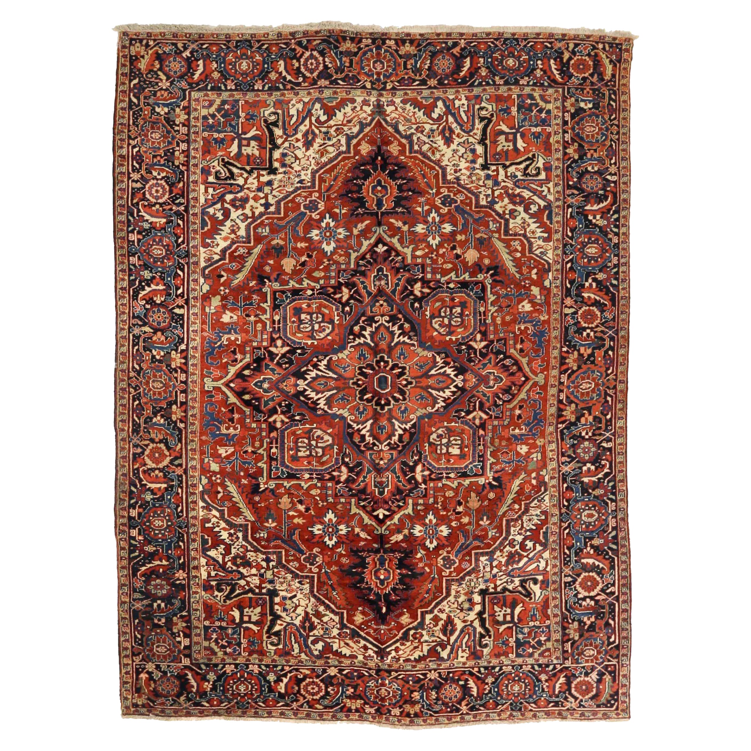 Tapis persans Heriz datant d'environ 1910 - Laine ivoire bleu marine bleu rouge motif - 75461