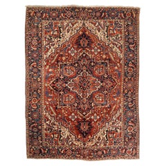 Tapis persans Heriz datant d'environ 1910 - Laine ivoire bleu marine bleu rouge motif - 75461