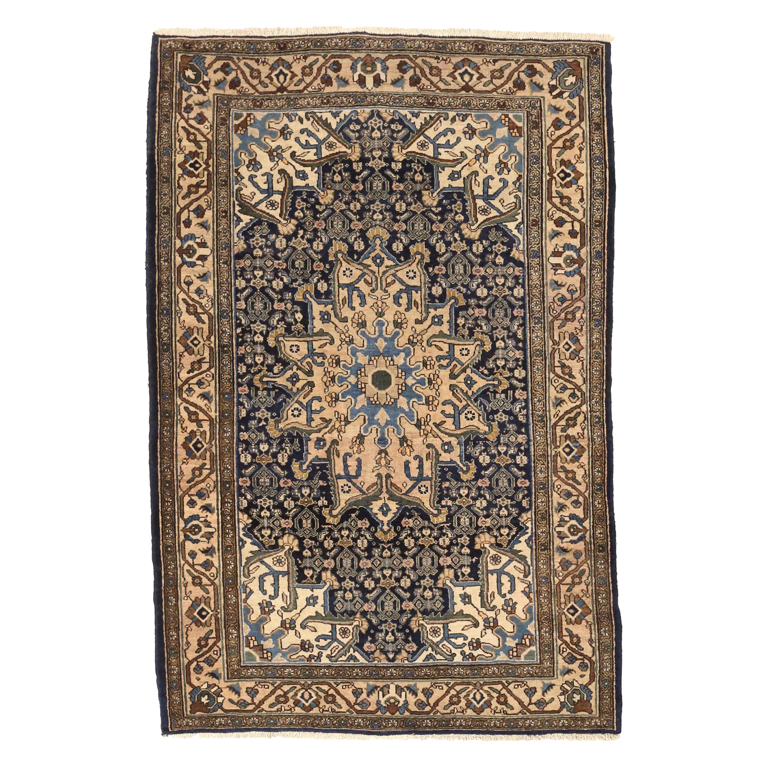 Persian Farahan Small Rug - Wool Blue Ivory Navy Blue Design - 75423