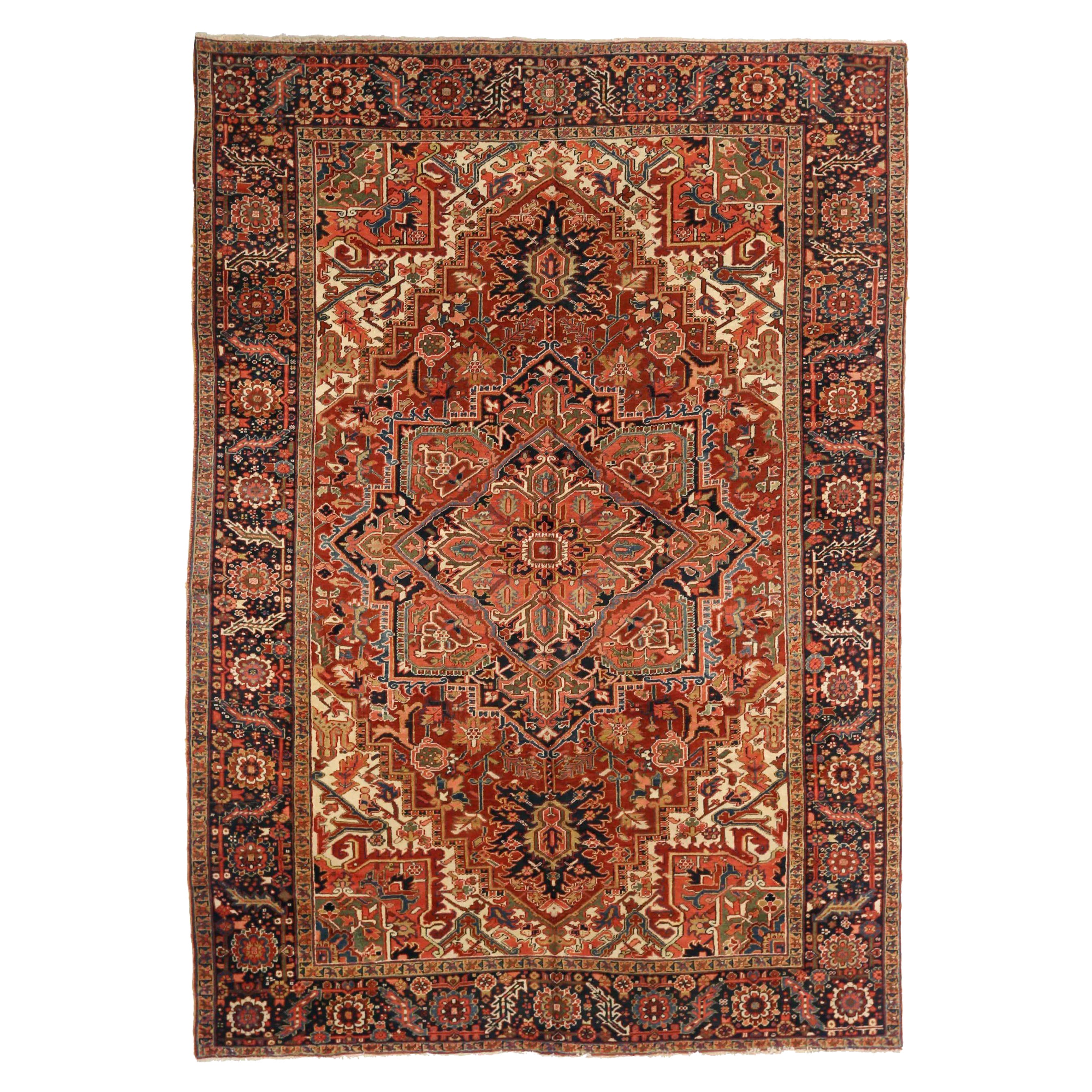 Tapis Persan Heriz Circa 1910 - Laine Ivoire Bleu Marine Rouge Design - 75462