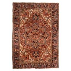 Tapis Persan Heriz Circa 1910 - Laine Ivoire Bleu Marine Rouge Design - 75462