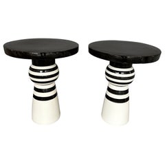 Contemporary Pair of Black and White Ceramic Stripe Side Tables. Italy