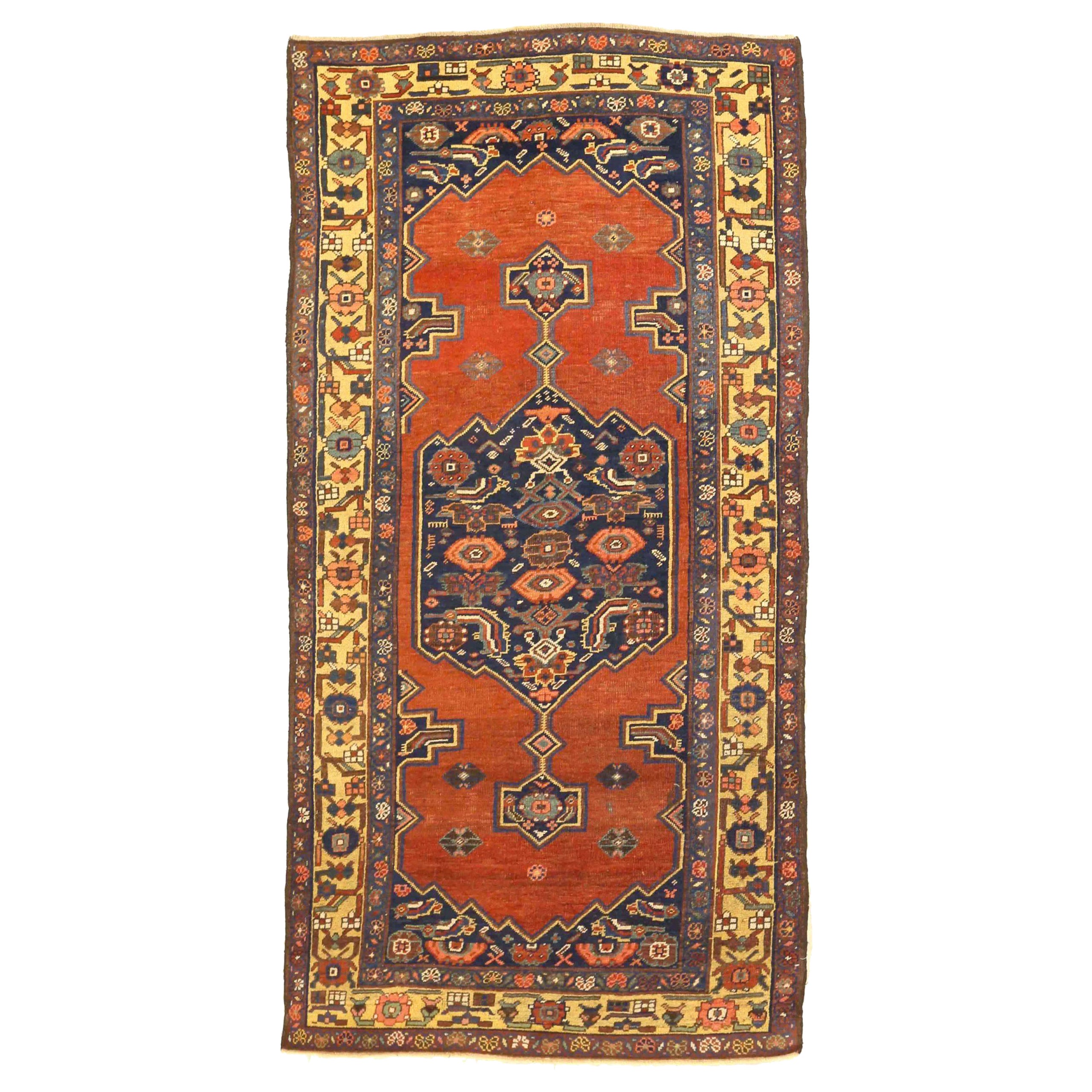 Persian Bijar Small Rug - Wool Navy Blue Red Yellow Design - 75424