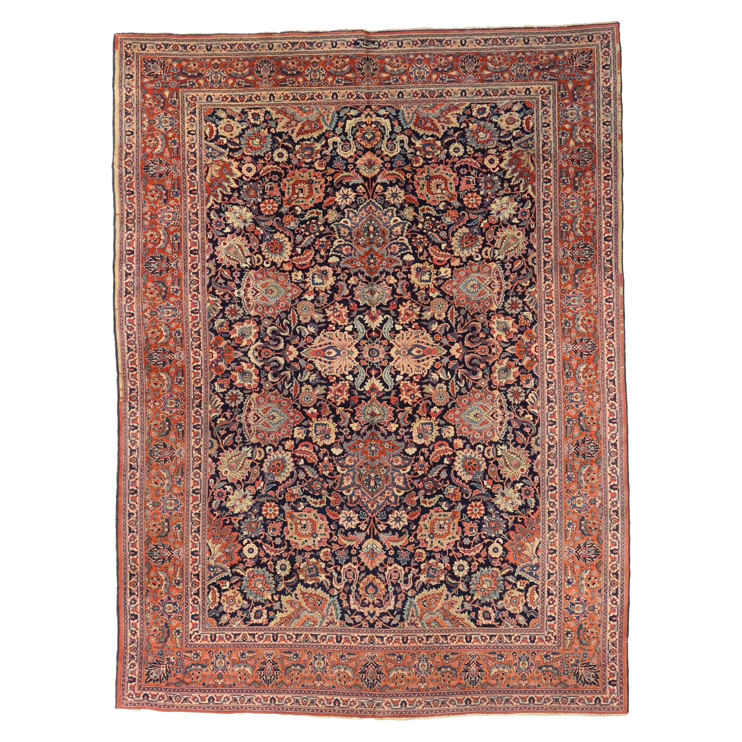Alfombras Persas Tabriz Circa 1880 - Lana Marfil Azul Marino Diseño Rojo - 75466