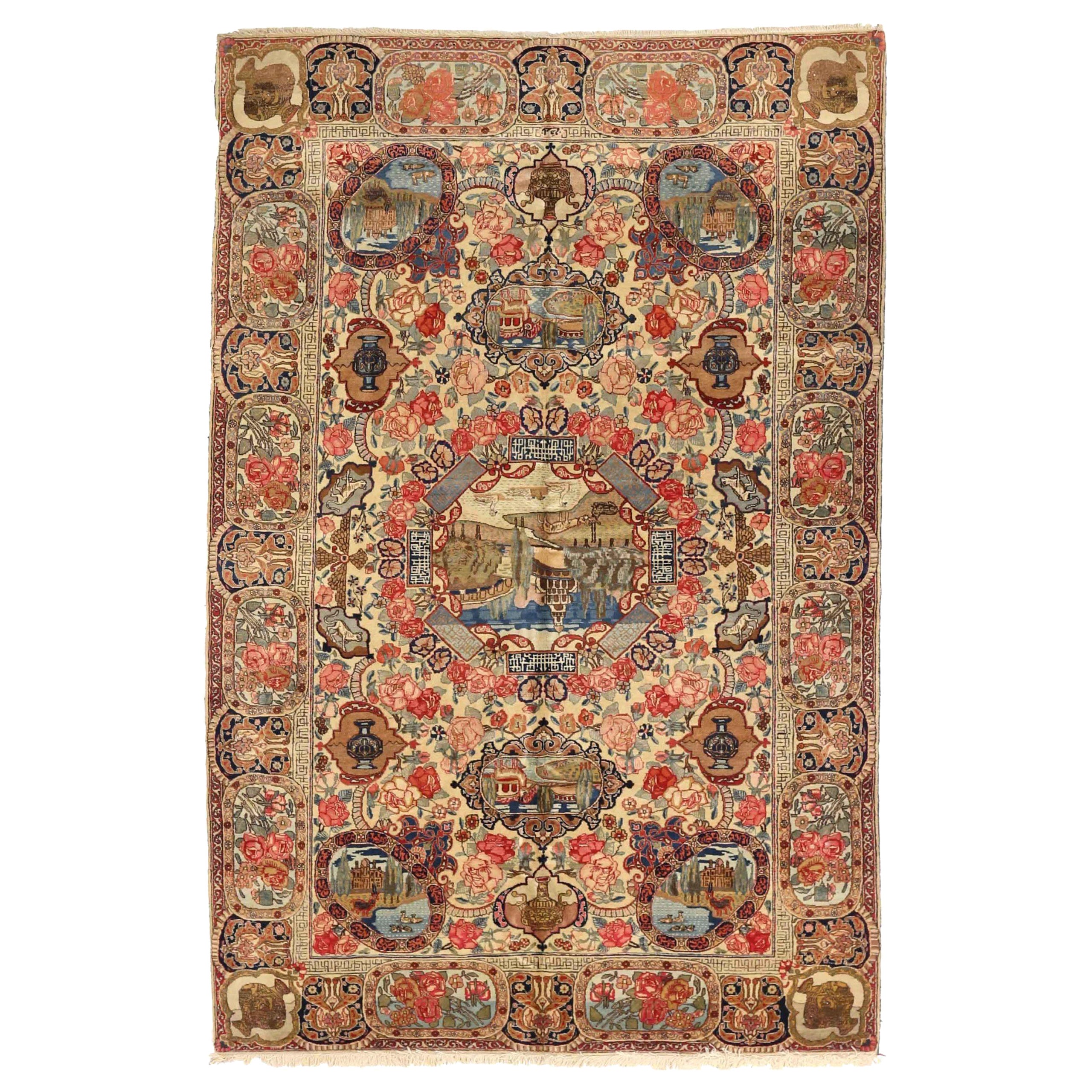 Persischer Täbris-Teppich Circa 1910 - Wolle Blau Elfenbein Rosa Design - 75447