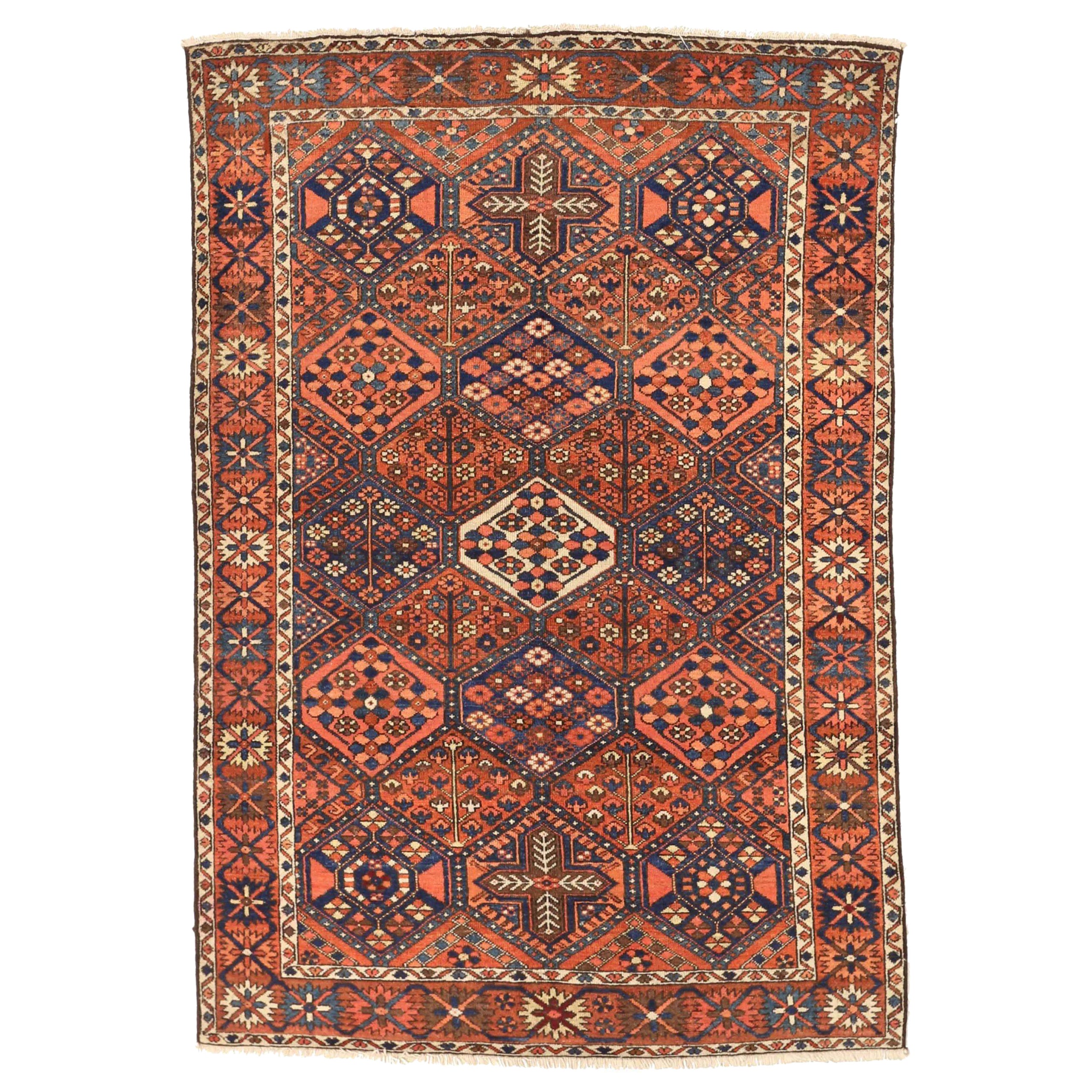 Petit tapis persan Bakhtiari - Laine ivoire bleu marine bleu rose - 75451 en vente