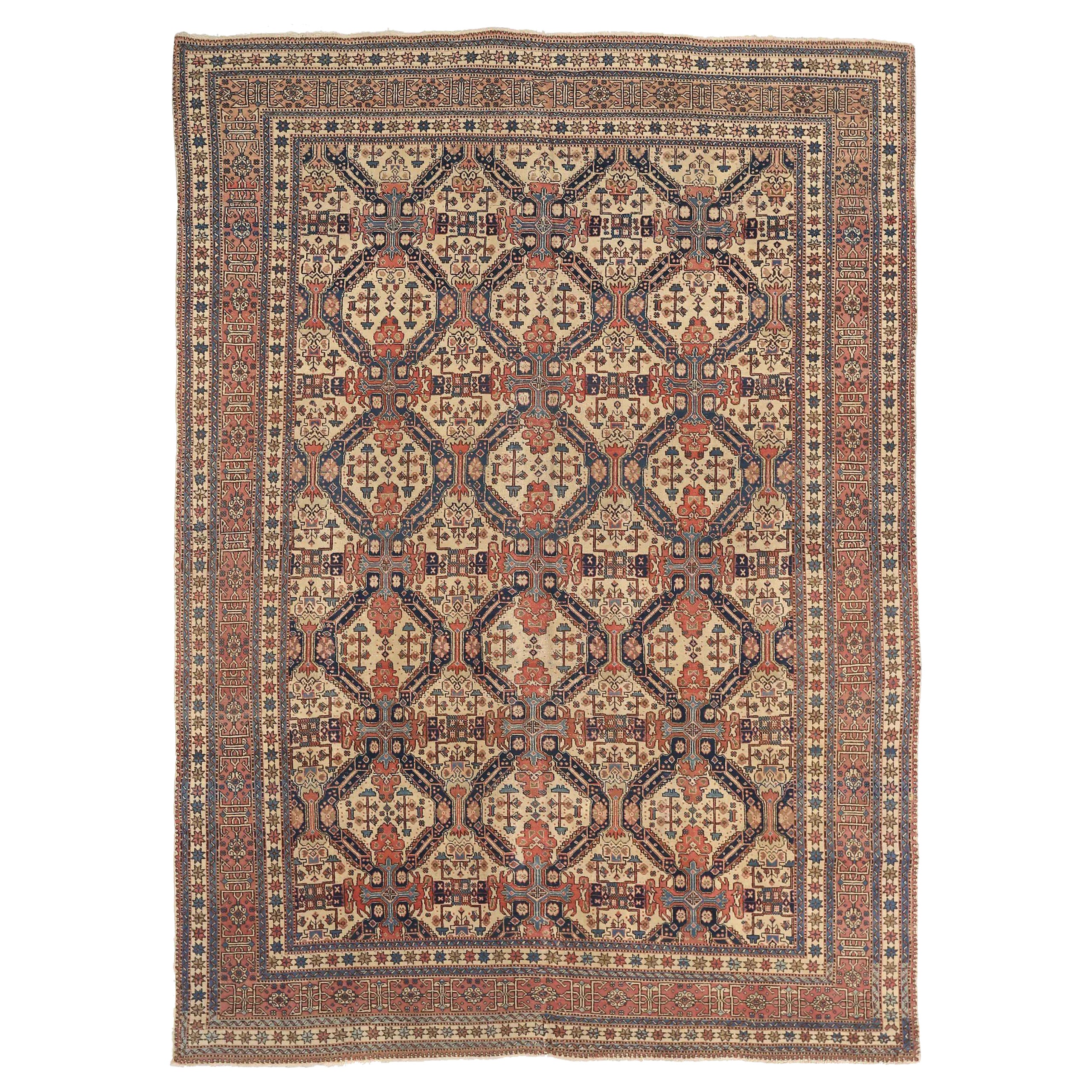 Persian Tabriz Area Rugs - Wool Ivory Navy Blue Red Design - 75452