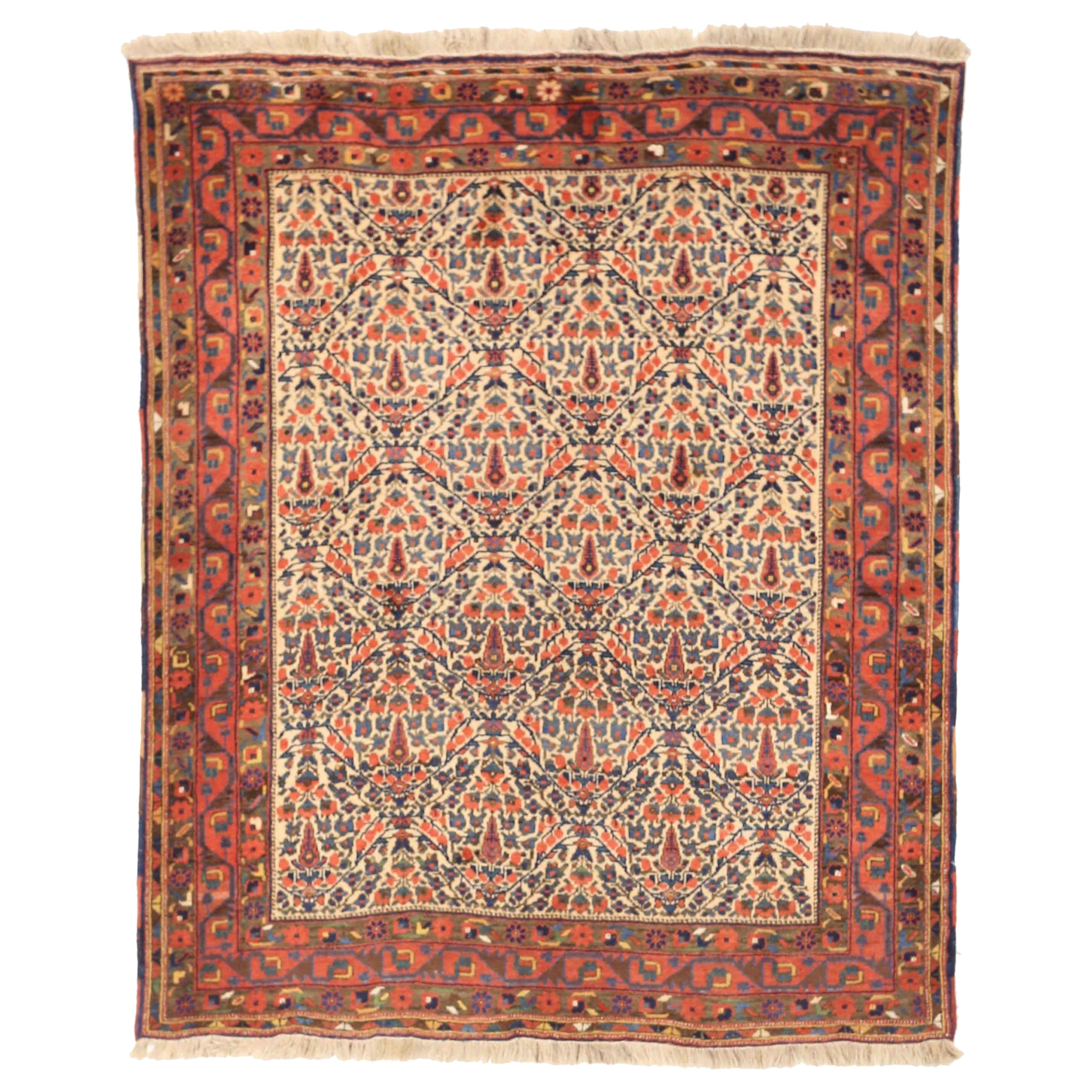 Tappeto persiano Sirjan Small Design, circa 1910 - Lana blu avorio rosso - 75454