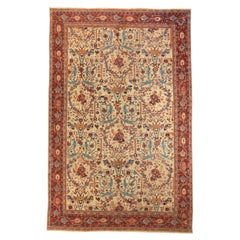 Tapis persans Mahal datant d'environ 1880, motif en laine bleu ivoire rouge - 75484