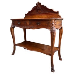 Antique French Dessert Server Sideboard Buffet Louis XV Carved Tiger Oak c1890