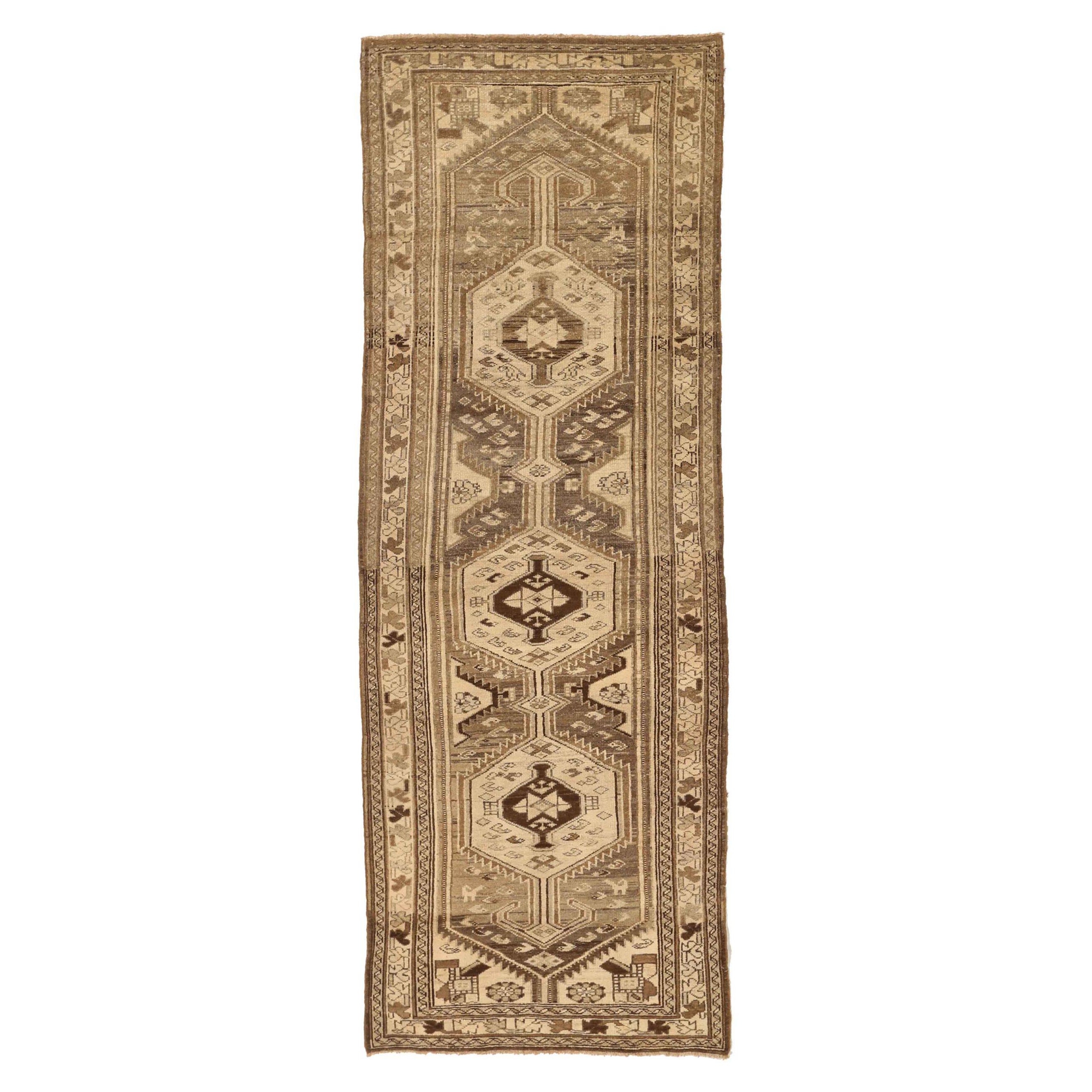 Persischer Hamadan Läufer Teppich - Wolle Braun Elfenbein Taupe Design - 75532