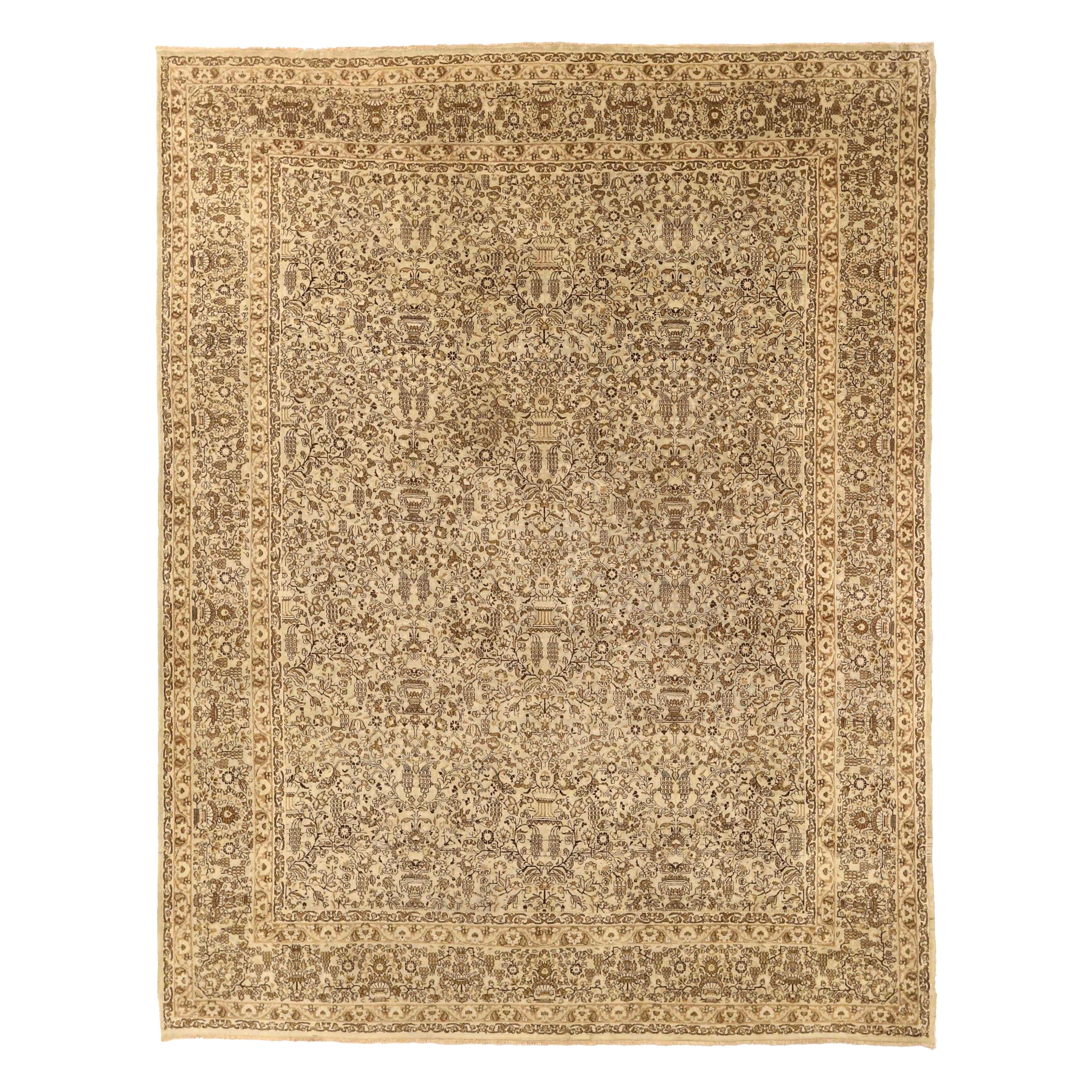 Tapis persan Kerman Circa 1910 - Laine Brown Ivory Design - 75582