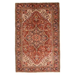 Tapis persans Heriz datant d'environ 1910 - Laine ivoire bleu marine bleu rouge motif - 75602