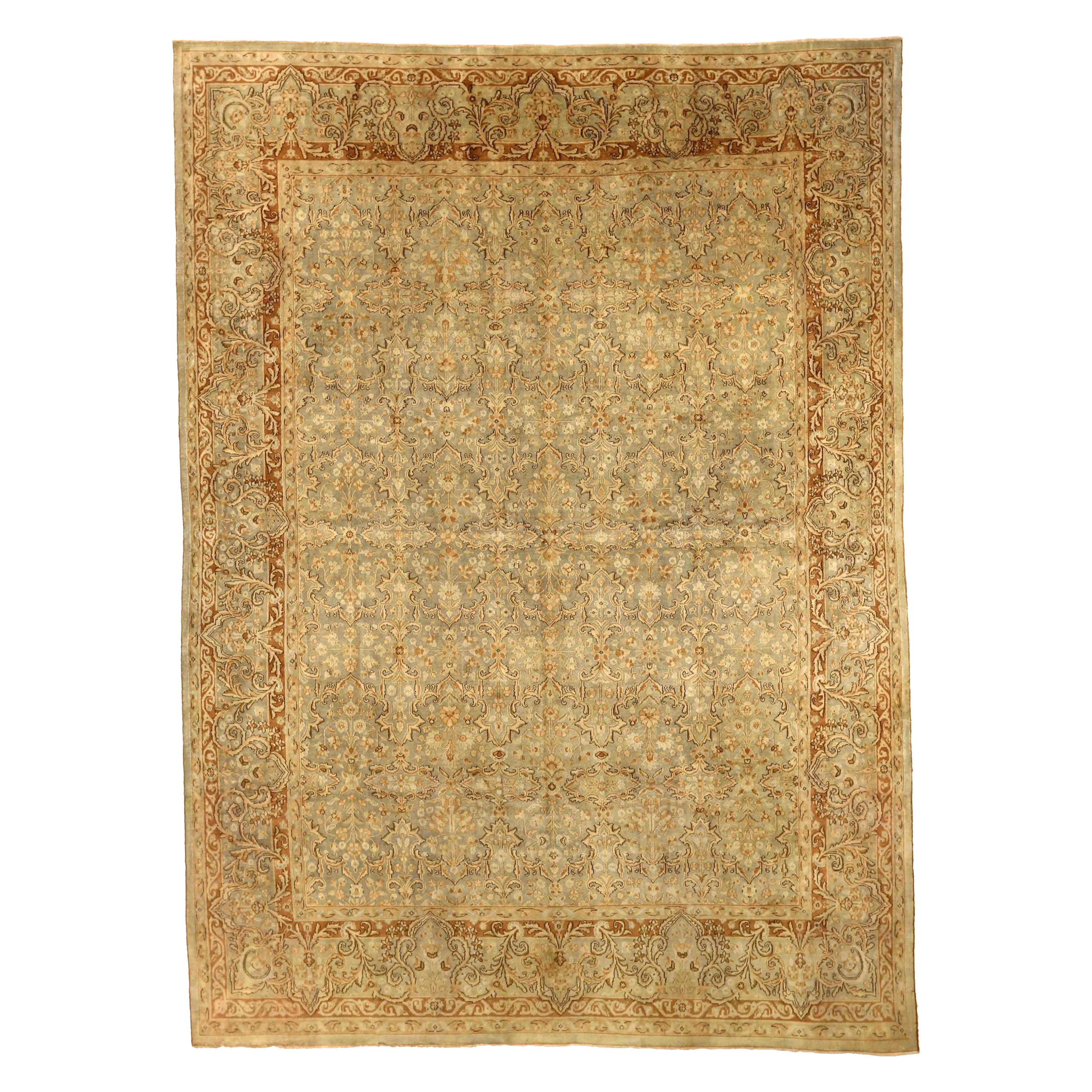 Tapis persans Kerman datant d'environ 1910 - Design en laine vert ivoire rouge - 75583