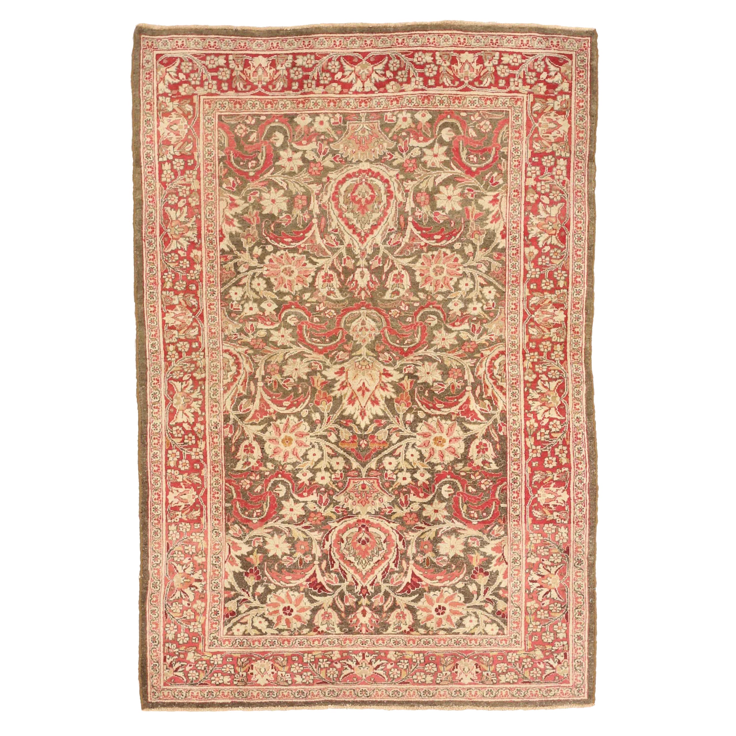 Persian Mashad Small Rug - Wool Brown Ivory Pink Design - 75634 For Sale