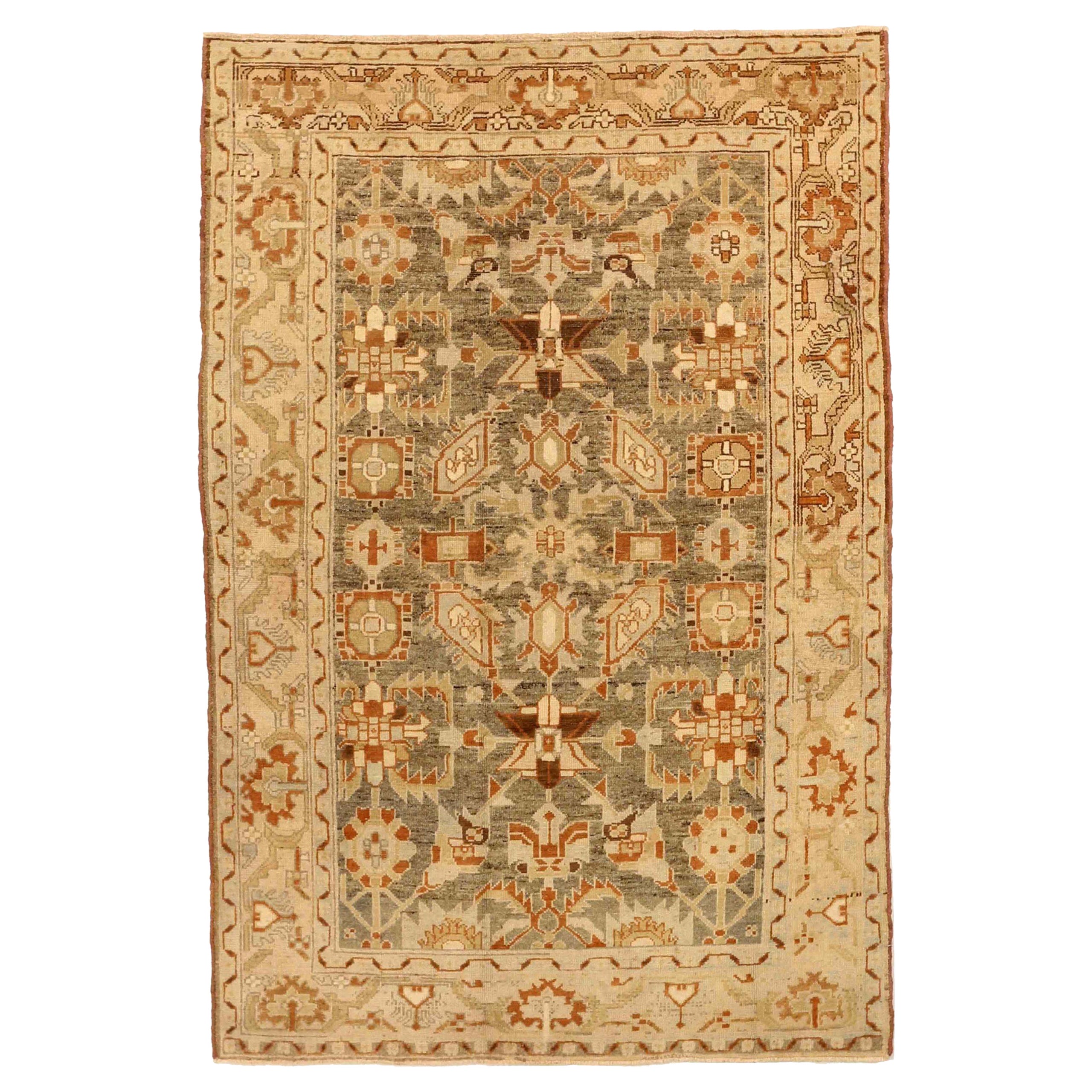 Persian Broojerd Small Rug - Wool Green Ivory Orange Design - 75677 For Sale