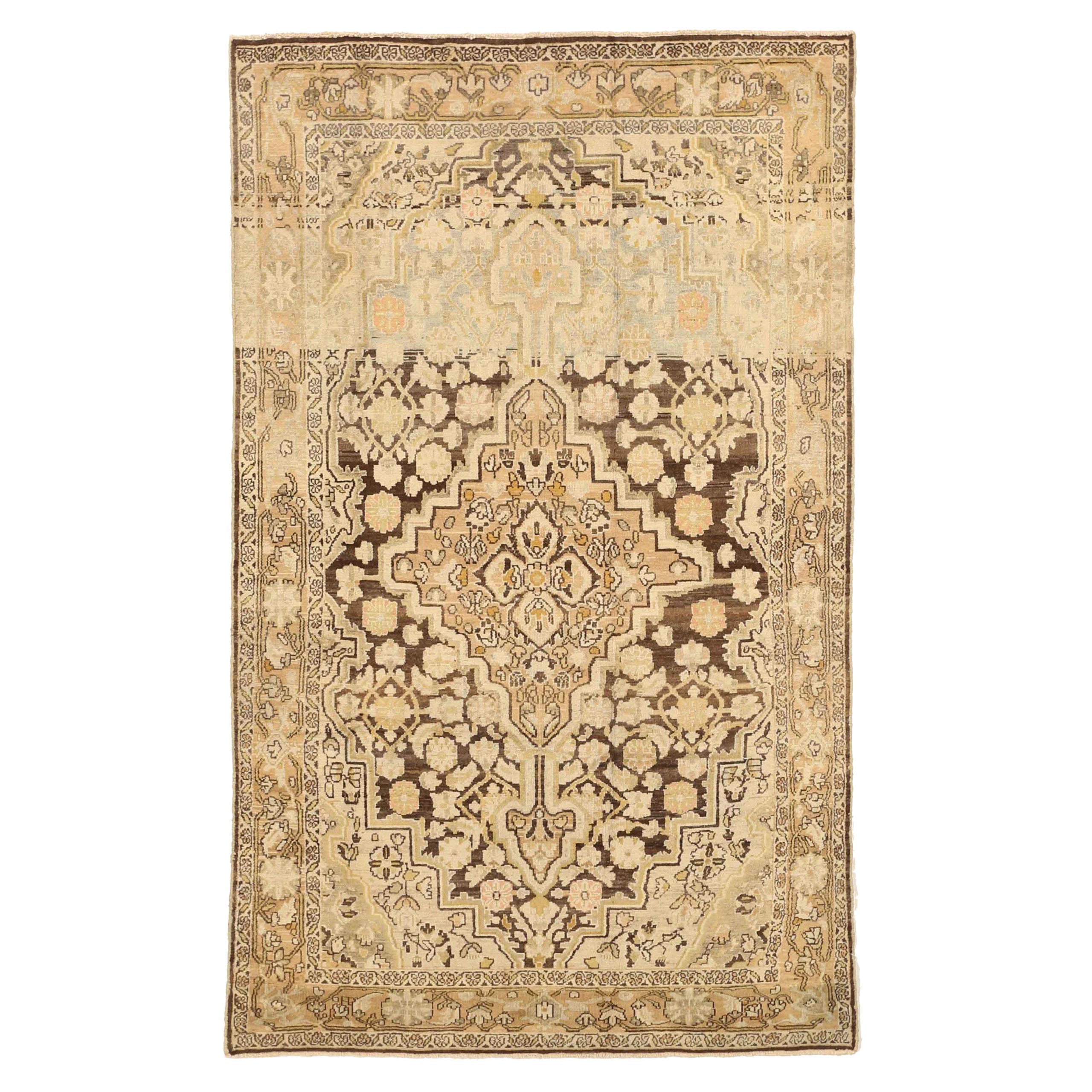 Persian Hamadan Small Rug - Wool Brown Ivory Yellow Design - 75679