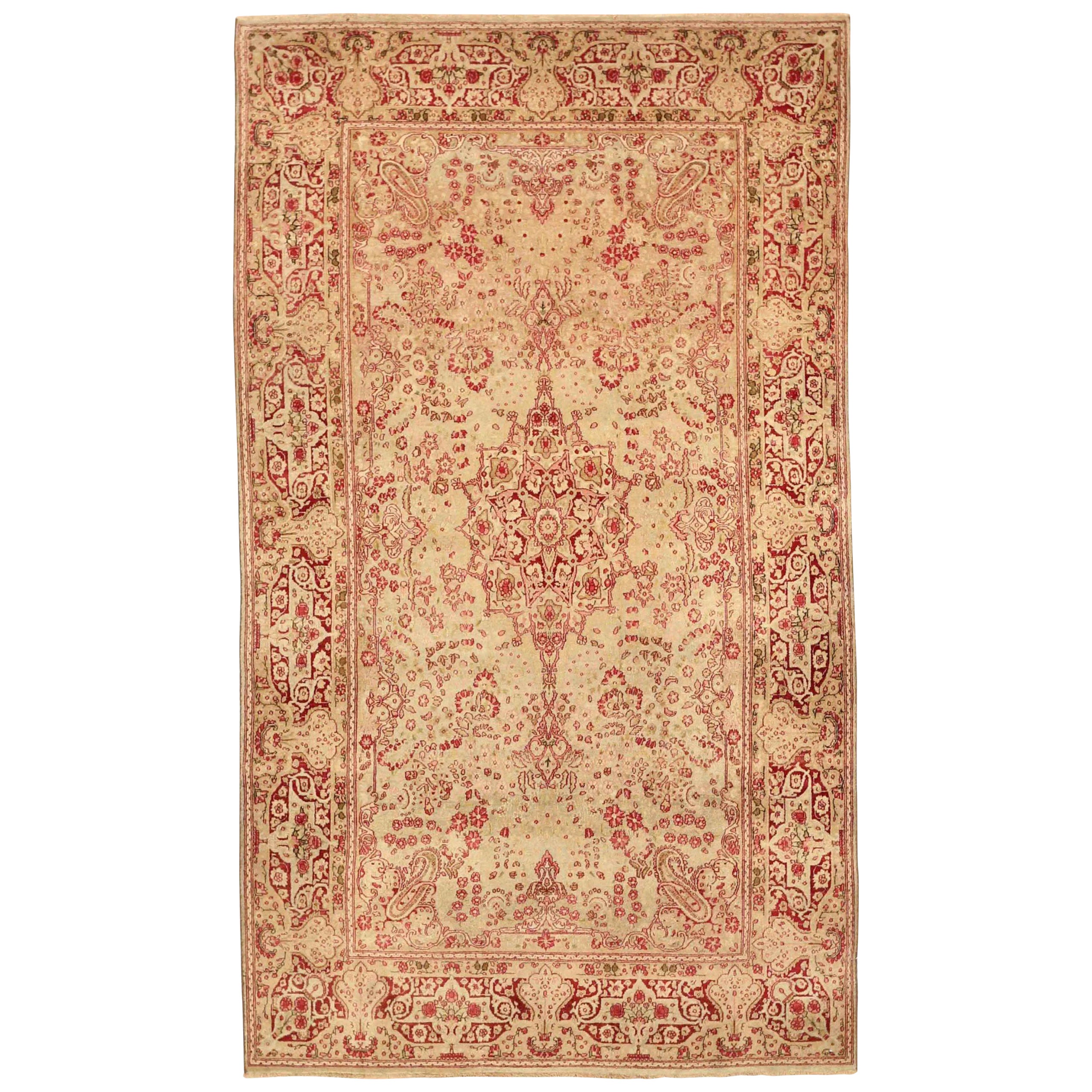 Petit tapis persan Kerman - Laine ivoire rose rouge motif rouge - 75701