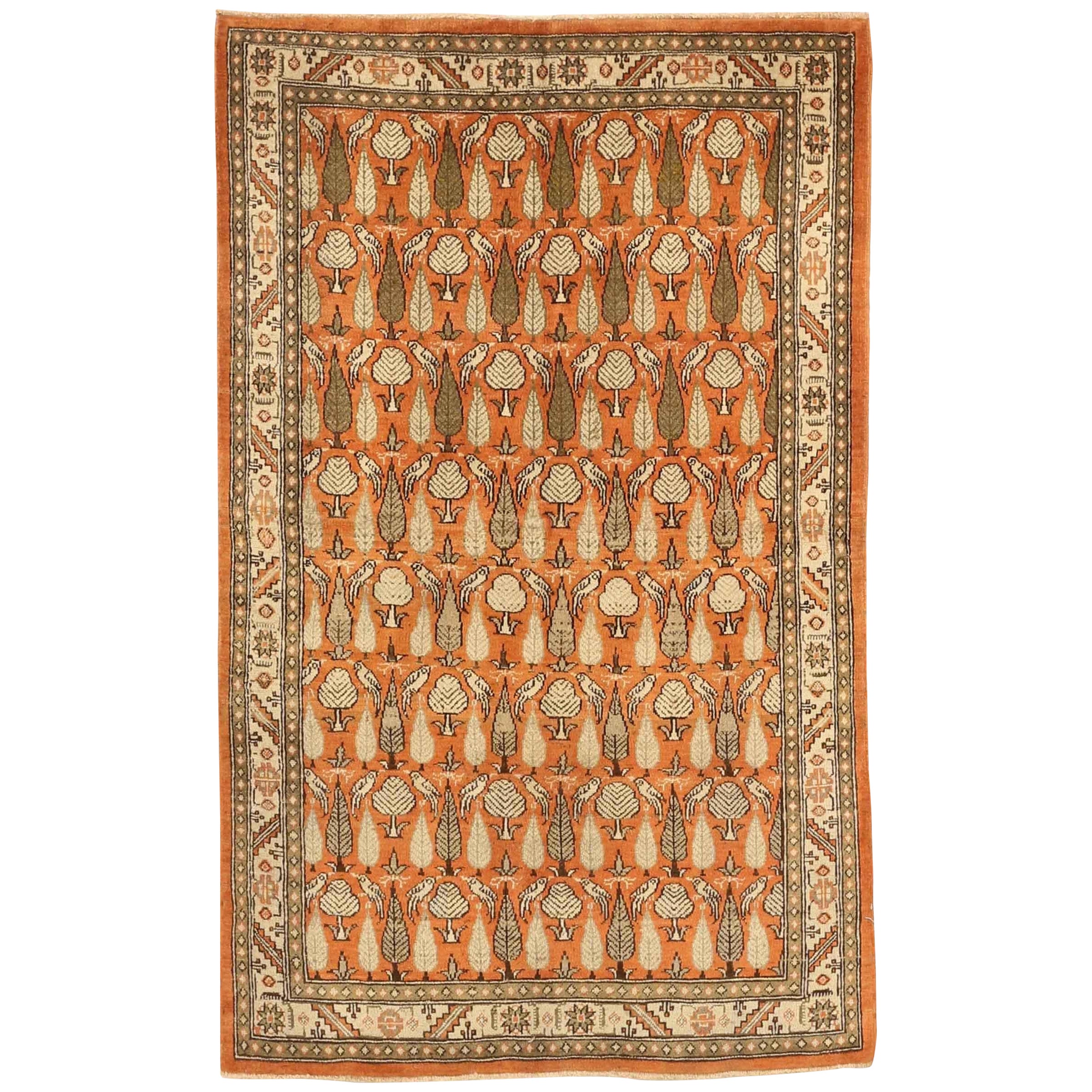 Persischer Qom Kleiner Teppich - Wolle Grün Elfenbein Orange Design - 75702