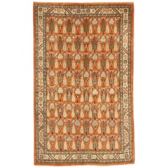 Persian Qom Small Rug - Wool Green Ivory Orange Design - 75702