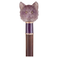 Antique Amethyst and Guilloché Enamel Cat-Shaped Cane
