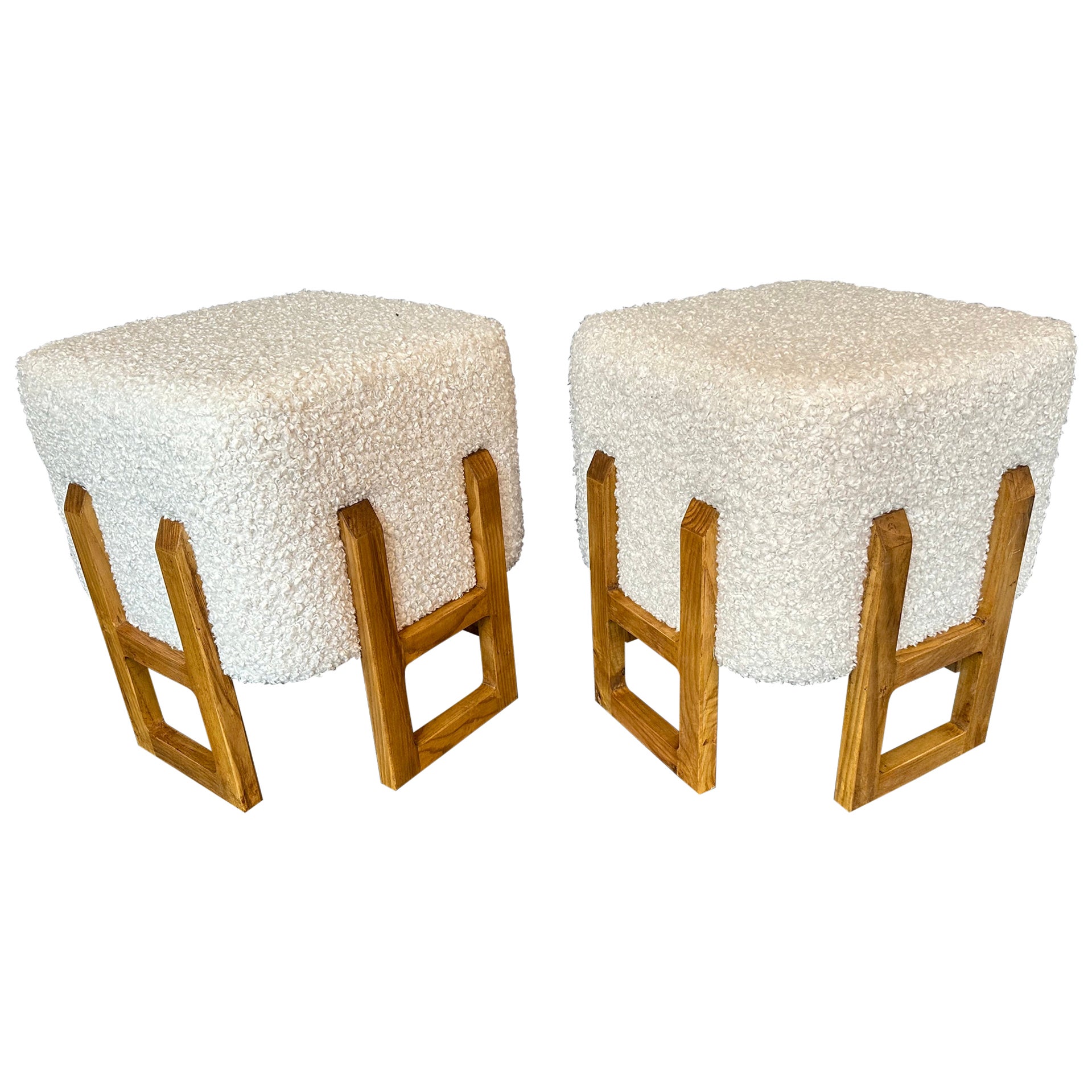 Contemporary Pair of Wood Stools and Bouclé Fabric. Italy