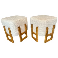 Contemporary Pair of Wood Stools and Bouclé Fabric. Italien