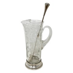 Antique American Sterling Silver Mounted Cut Crystal Cocktail Pitcher with Spoon
