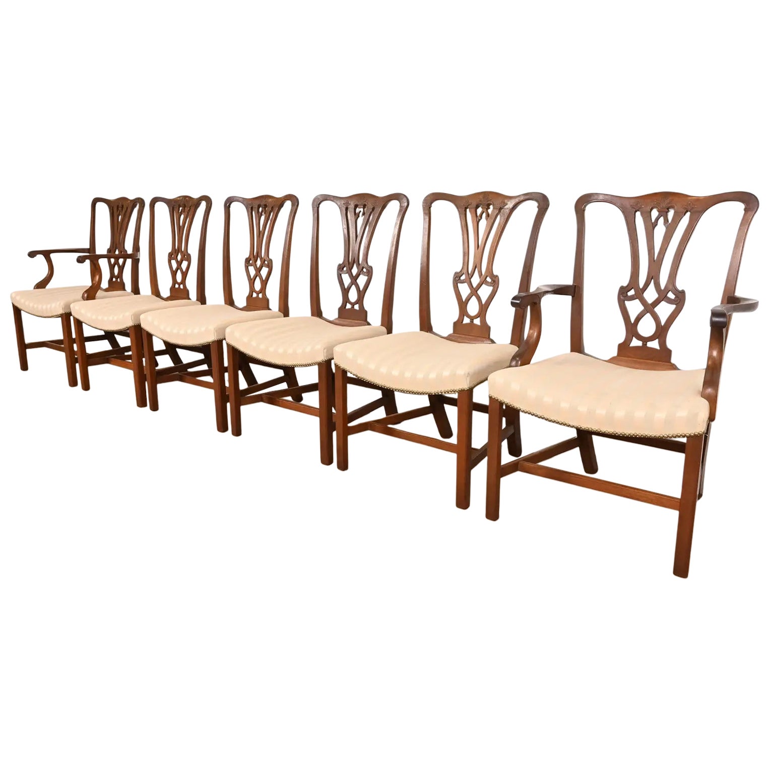 Baker Furniture Style Georgian Carved Mahogany Dining Chairs, Set of Six