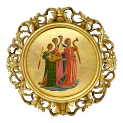 Antique Italian Carved Fretwork Framed Gilt Wood Archangel Icons Painting.