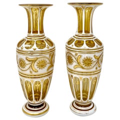Pair Late 19th Century Bohemian Golden Amber Cut to Clear Glass Vases.