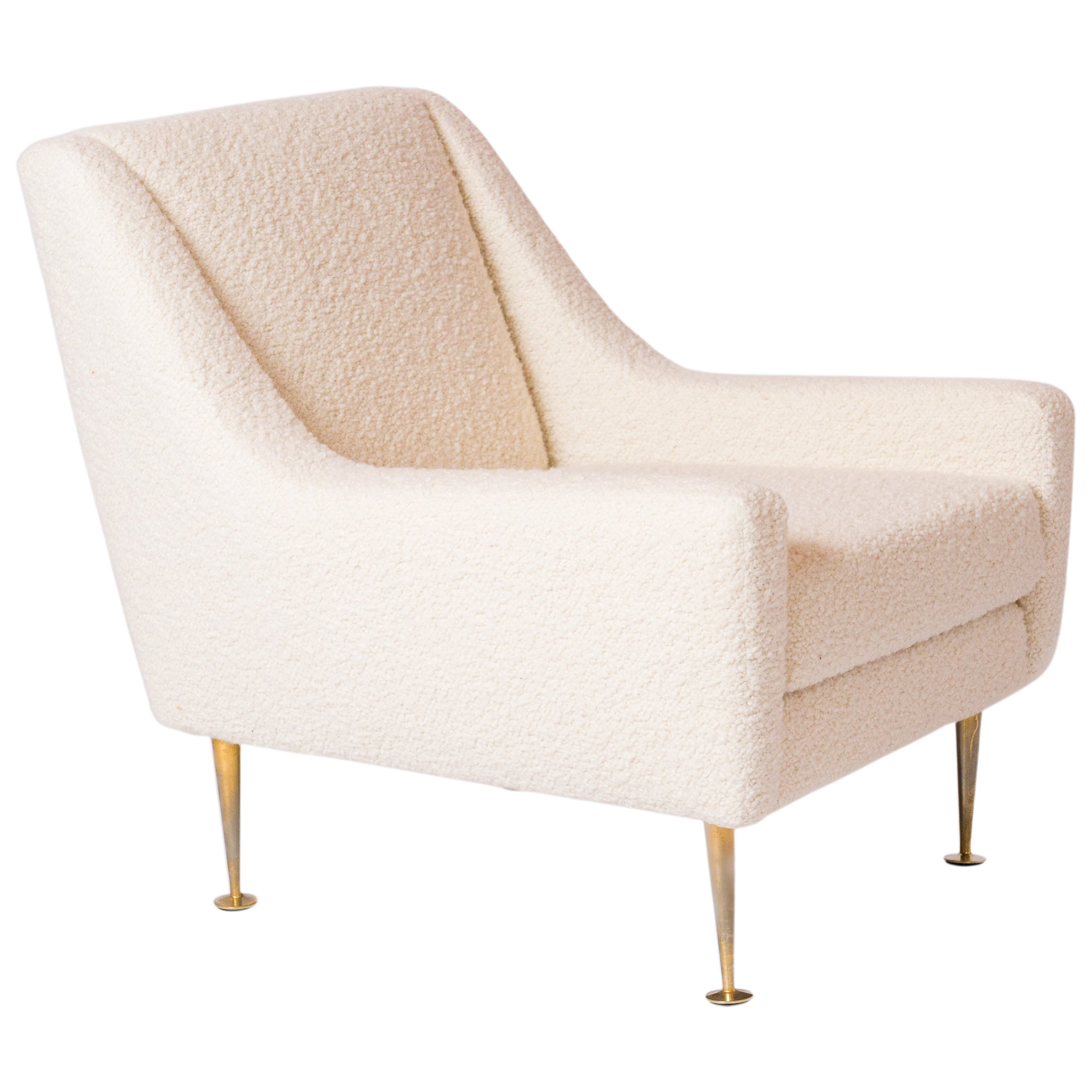 Brass Feet and Off White Bouclé Sleek Armchair by Airborne - France 1970's