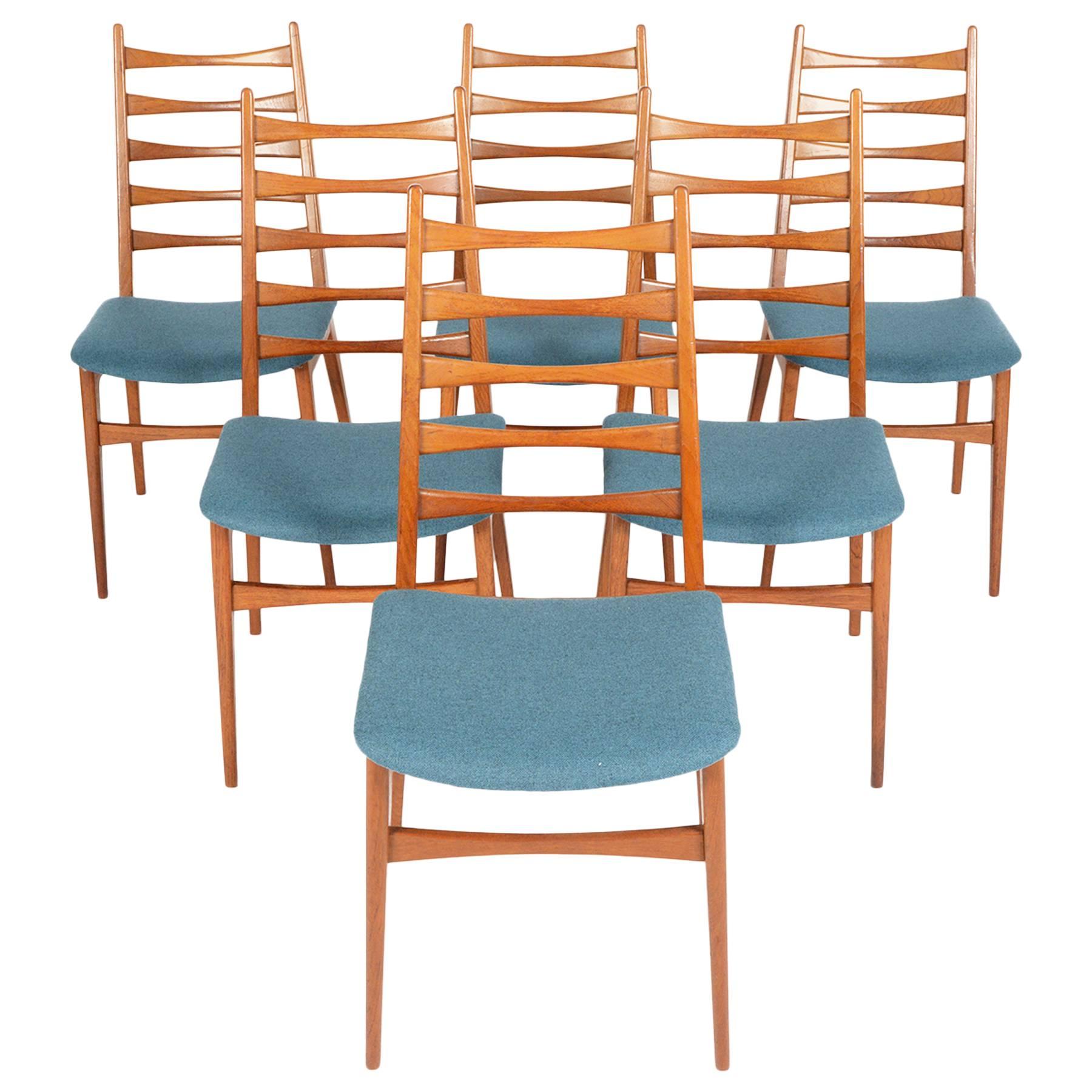 Set of Six Teak Kofoed Style Ladder Back Dining Chairs