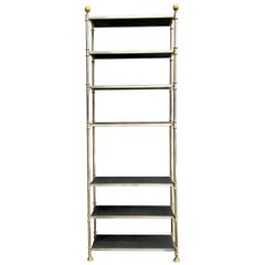 1970s Mason Jansen Neo-Classical Style Steel, Brass, Leather Etageres/ Shelf